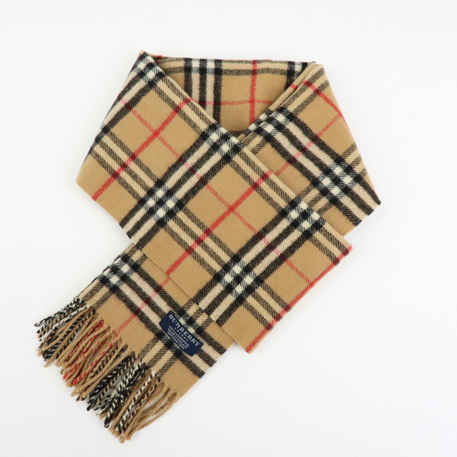 BURBERRY Nova Plaid Wool 100% Fringe Scarf Camel Black Red