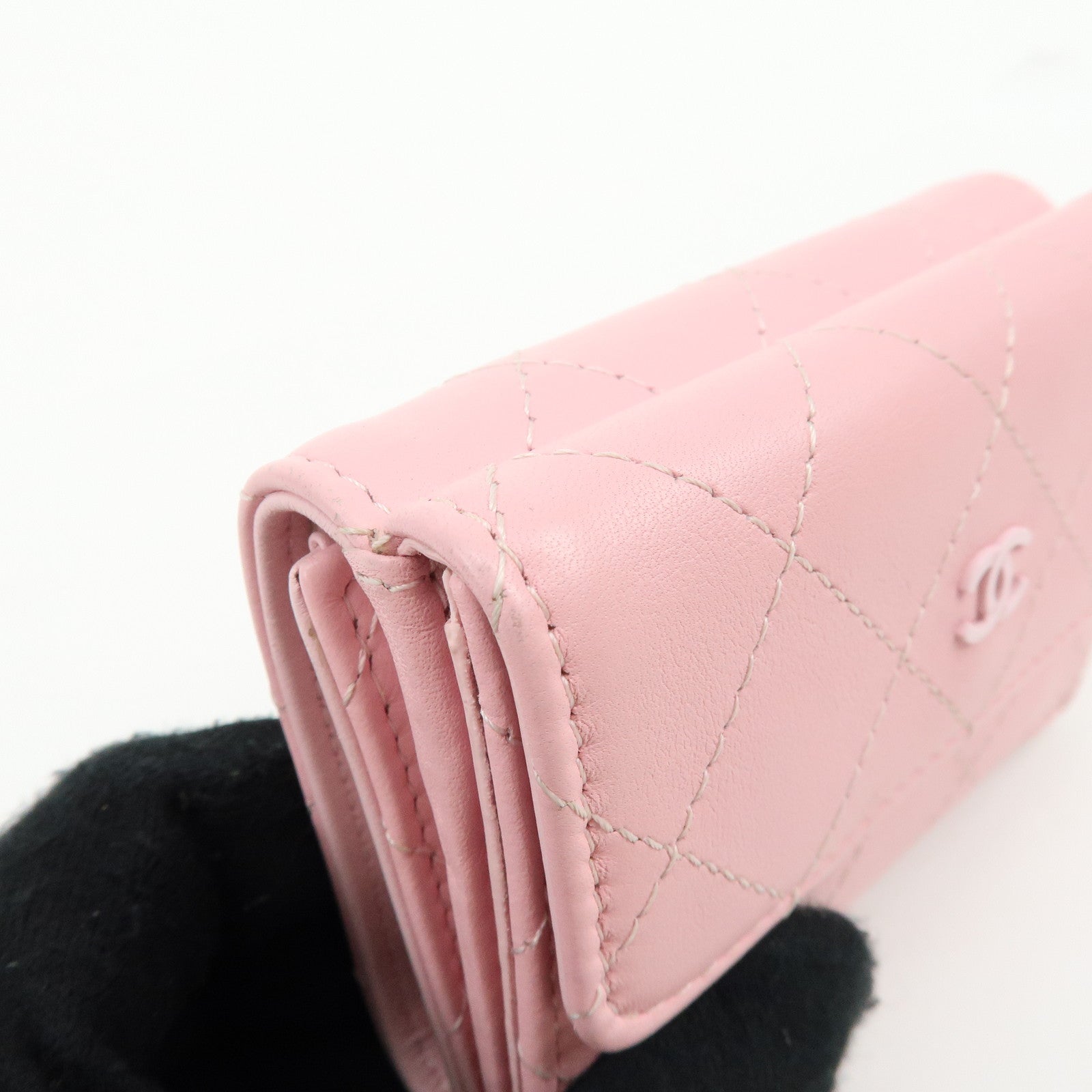 CHANEL COCO Mark Wild Stitch Calf Skin Tri-Fold Compact Wallet Pink