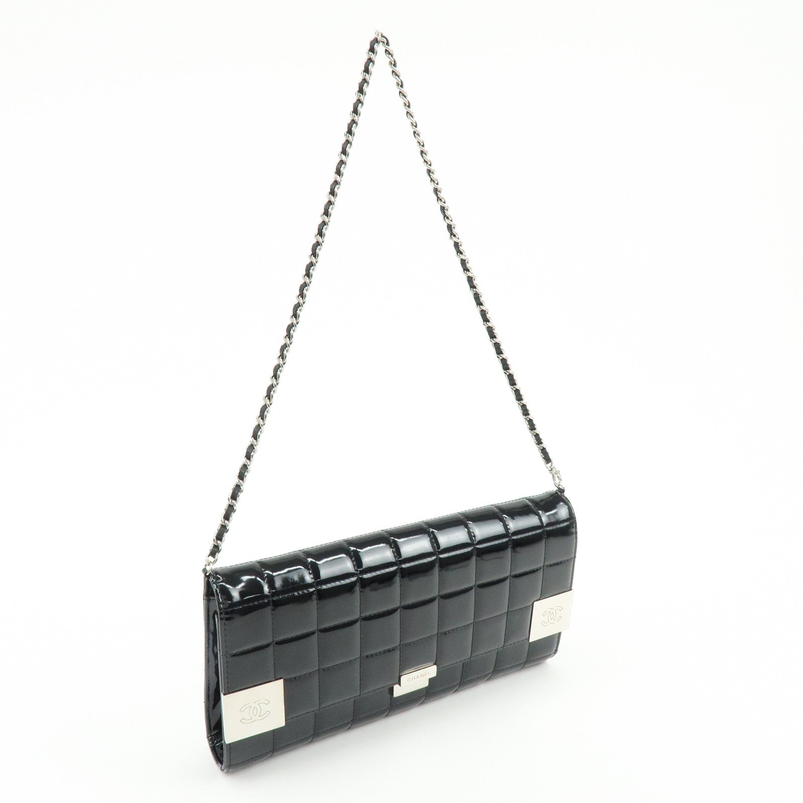 CHANEL Chocolate Bar COCO Mark Patent Leather Shoulder Bag Black Silver