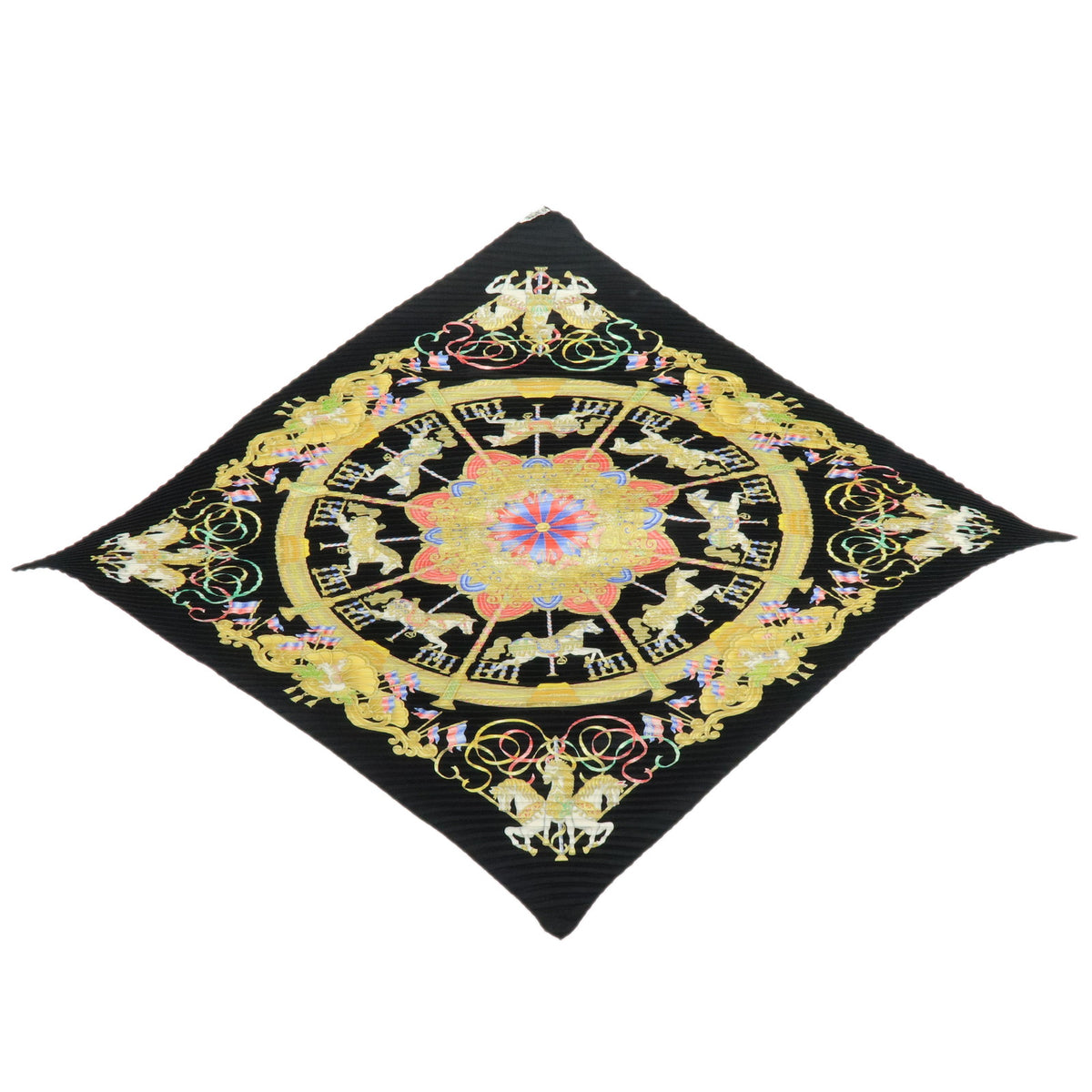 HERMES Pleated Carre 90 Silk 100% Luna Park Black Multicolor