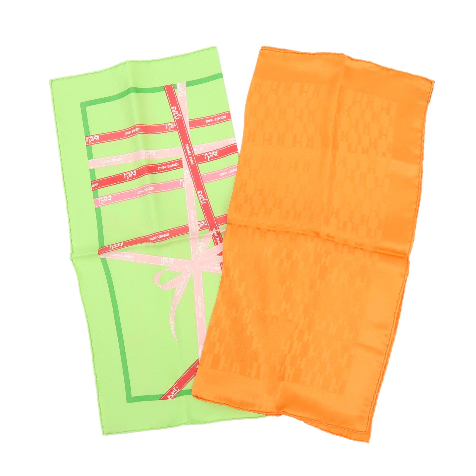 HERMES Carre 40 Lot of 2 Silk 100% Scarf  Grand H/Bolduc Orange Green