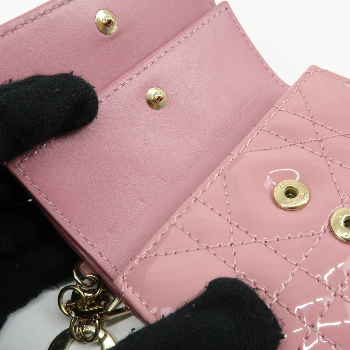 Christian Dior Cannage Lady Dior Patent Leather Compact Wallet Pink