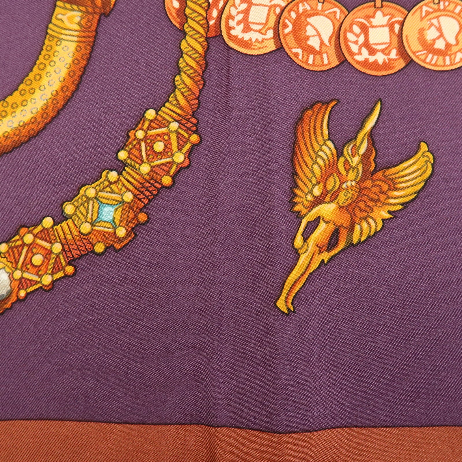 HERMES Carre 90 Silk 100% Scarf KOSMIMA Jewelry Brown Mustard Purple