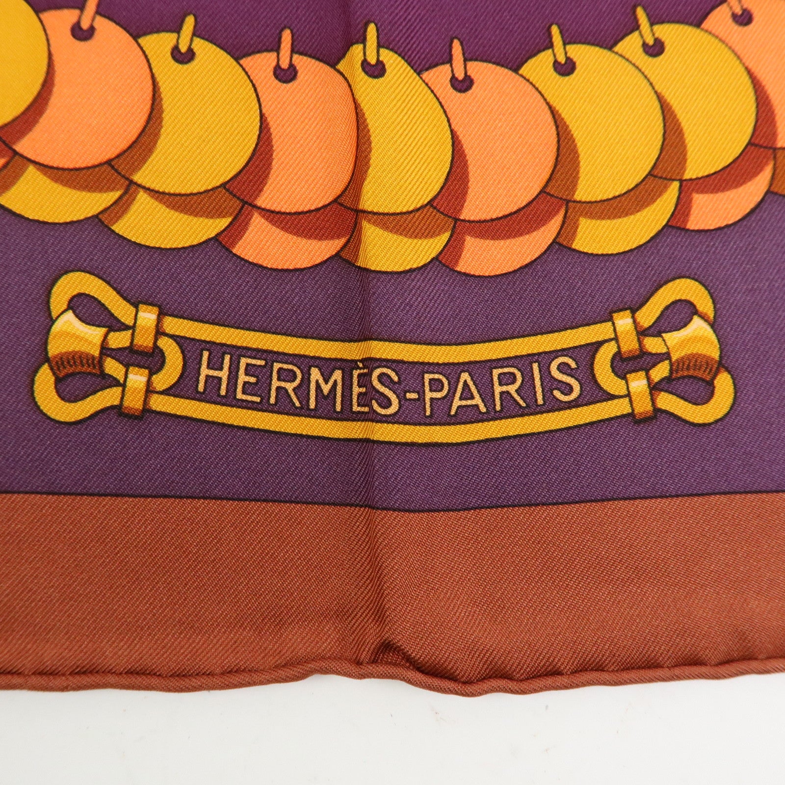 HERMES Carre 90 Silk 100% Scarf KOSMIMA Jewelry Brown Mustard Purple