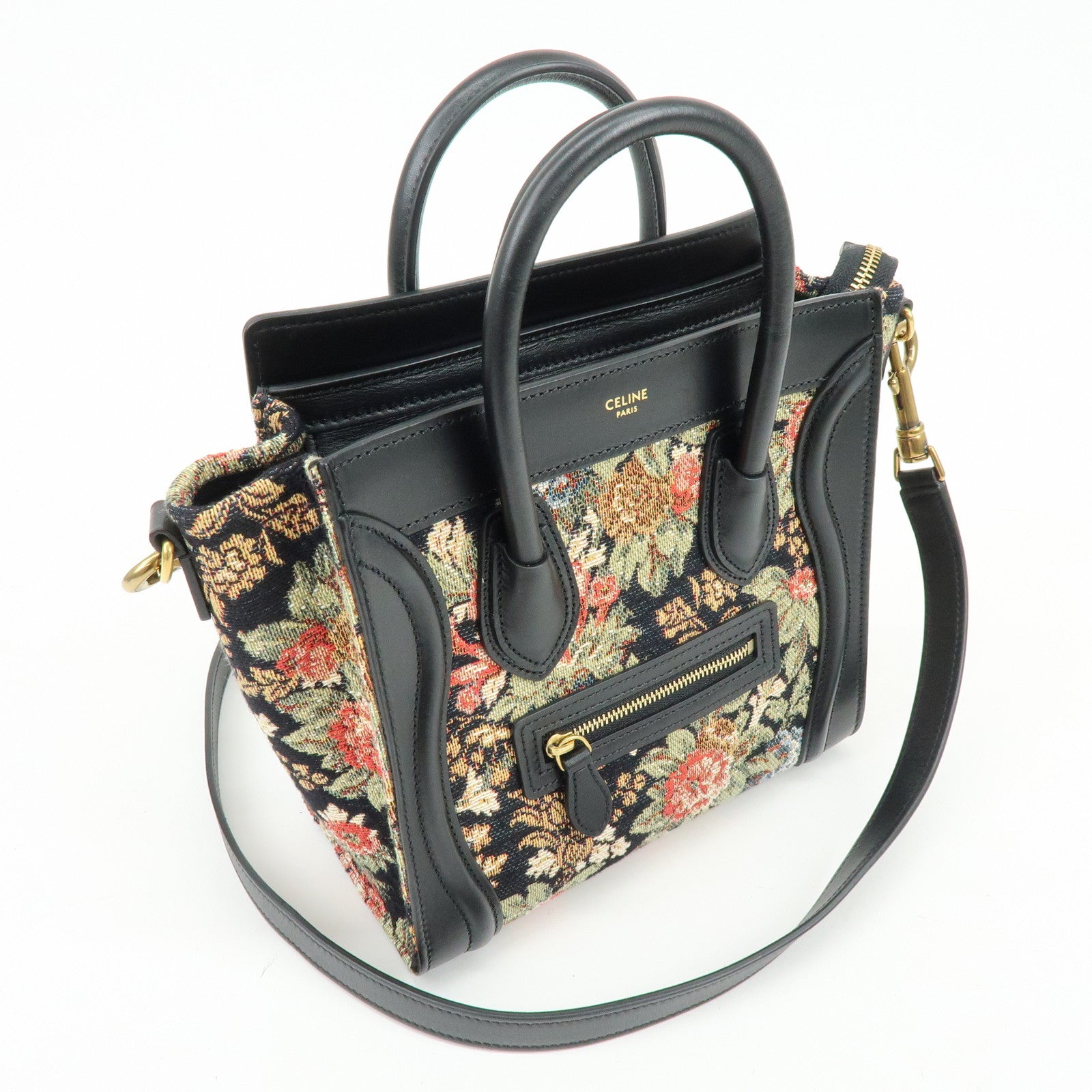 CELINE Luggage Jaquard Canvas Leathre Flower 2Way Shoulder Bag Black
