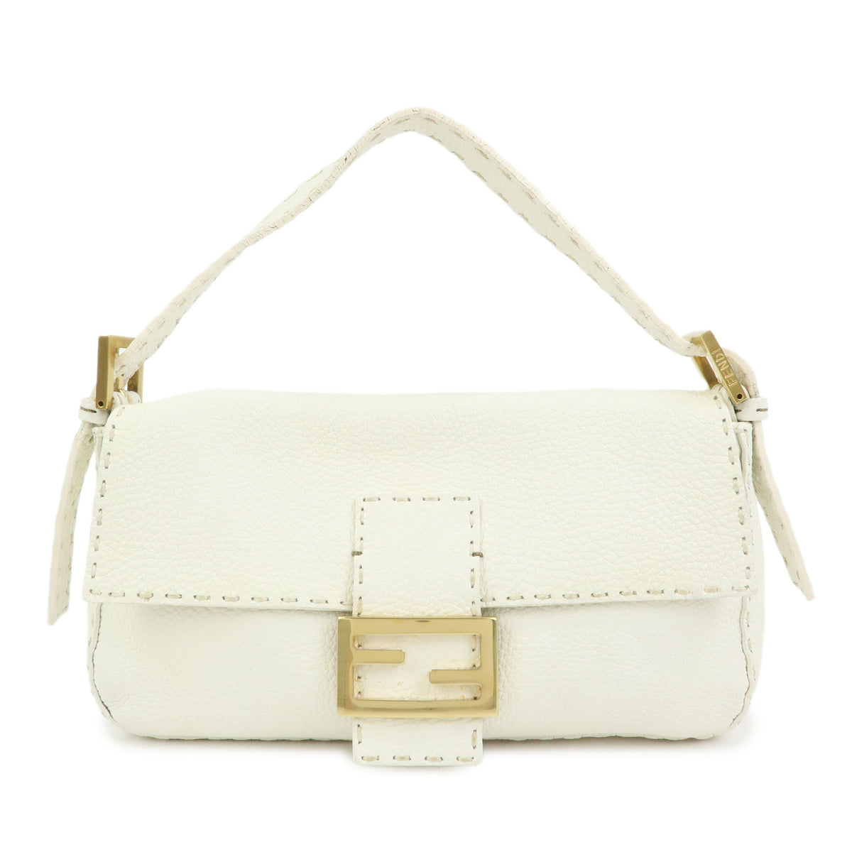 FENDI Selleria Mamma Baguette Leather Hand Bag White 8BR101