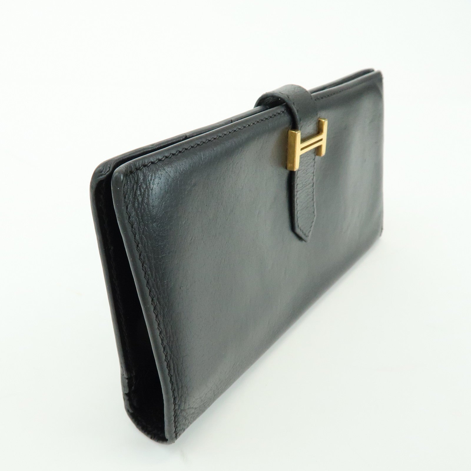 HERMES Bearn Calf Leather Bi-fold Long Wallet □I Stamped Black