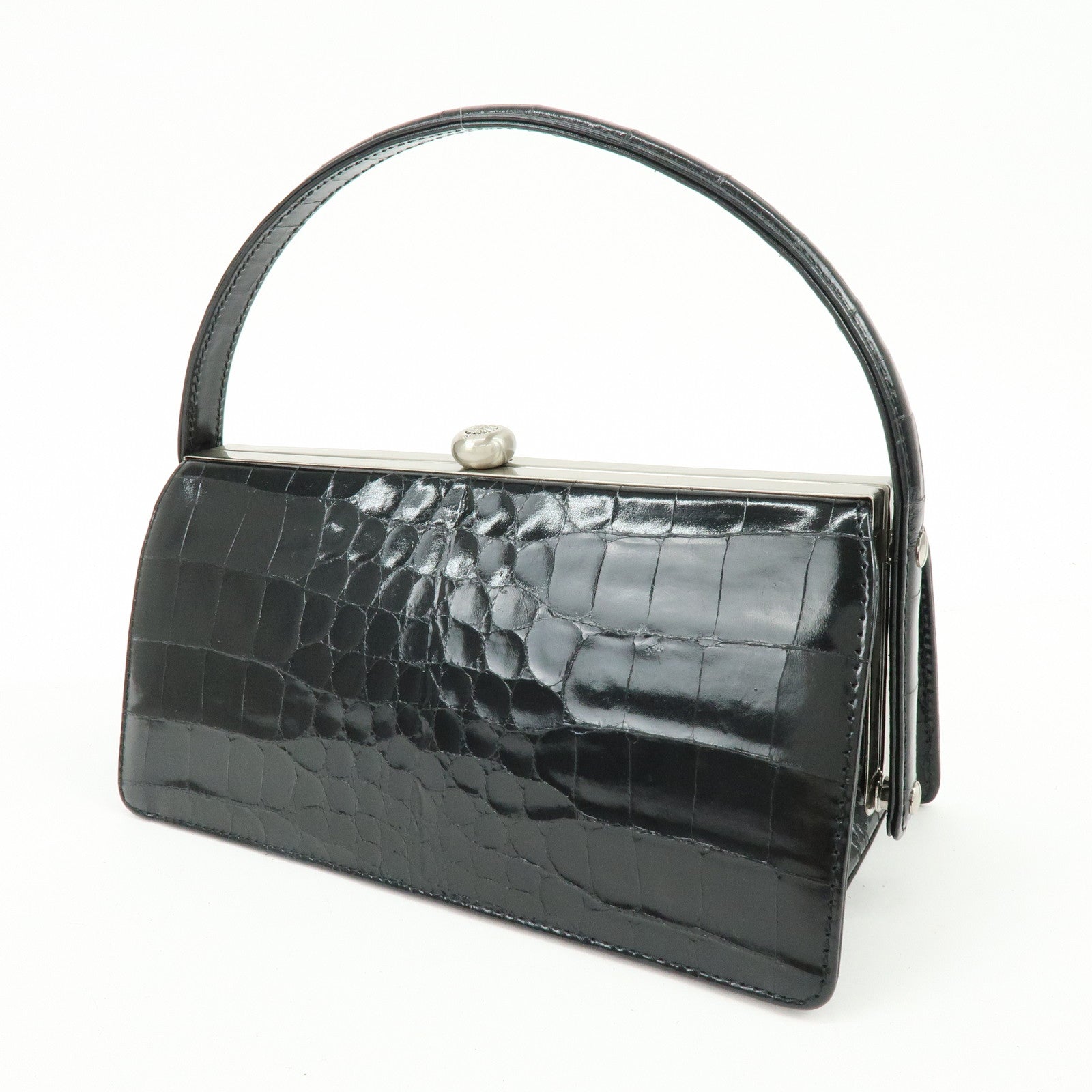 GIANNI VERSACE Embossed Leather Kiss Lock Top Handle Hand Bag Black