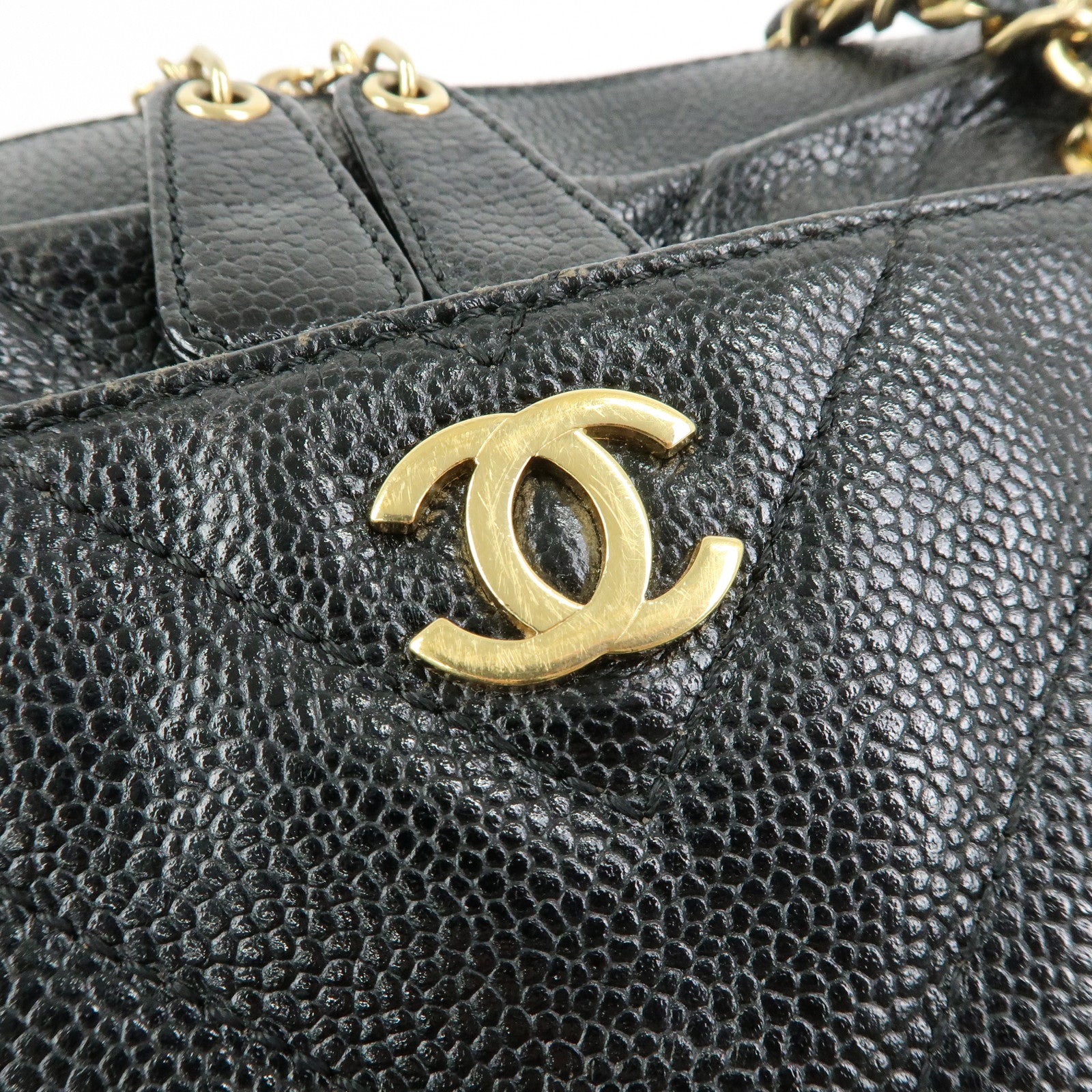 CHANEL Chevron COCO Mark Caviarskin Chain Shoulder Bag  Black