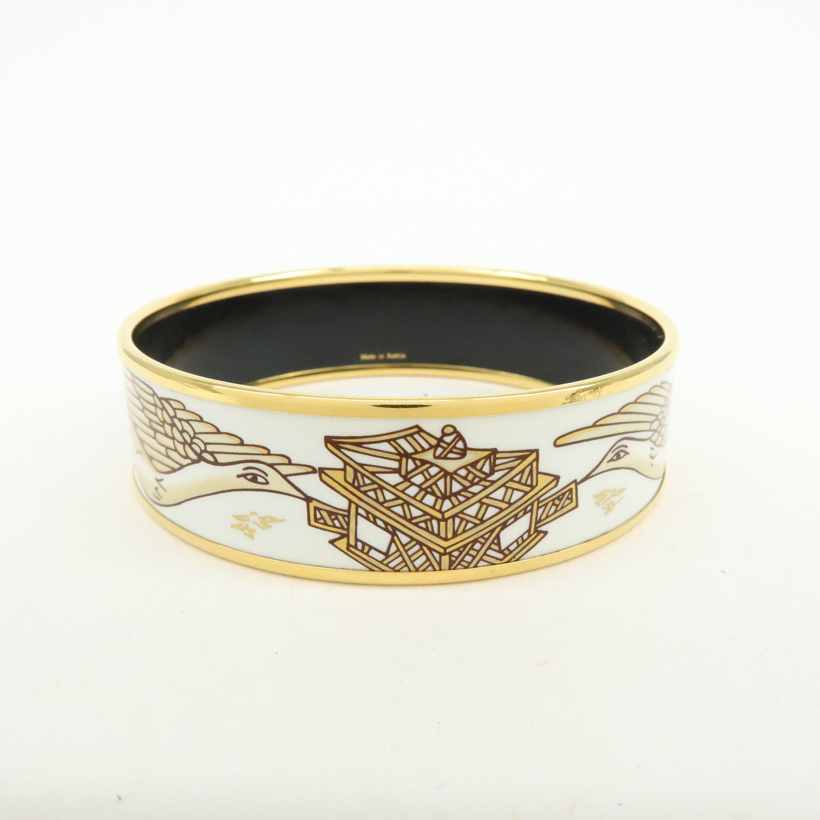 HERMES Email GM Gold Plated Bangle Bracelet Bird White Gold