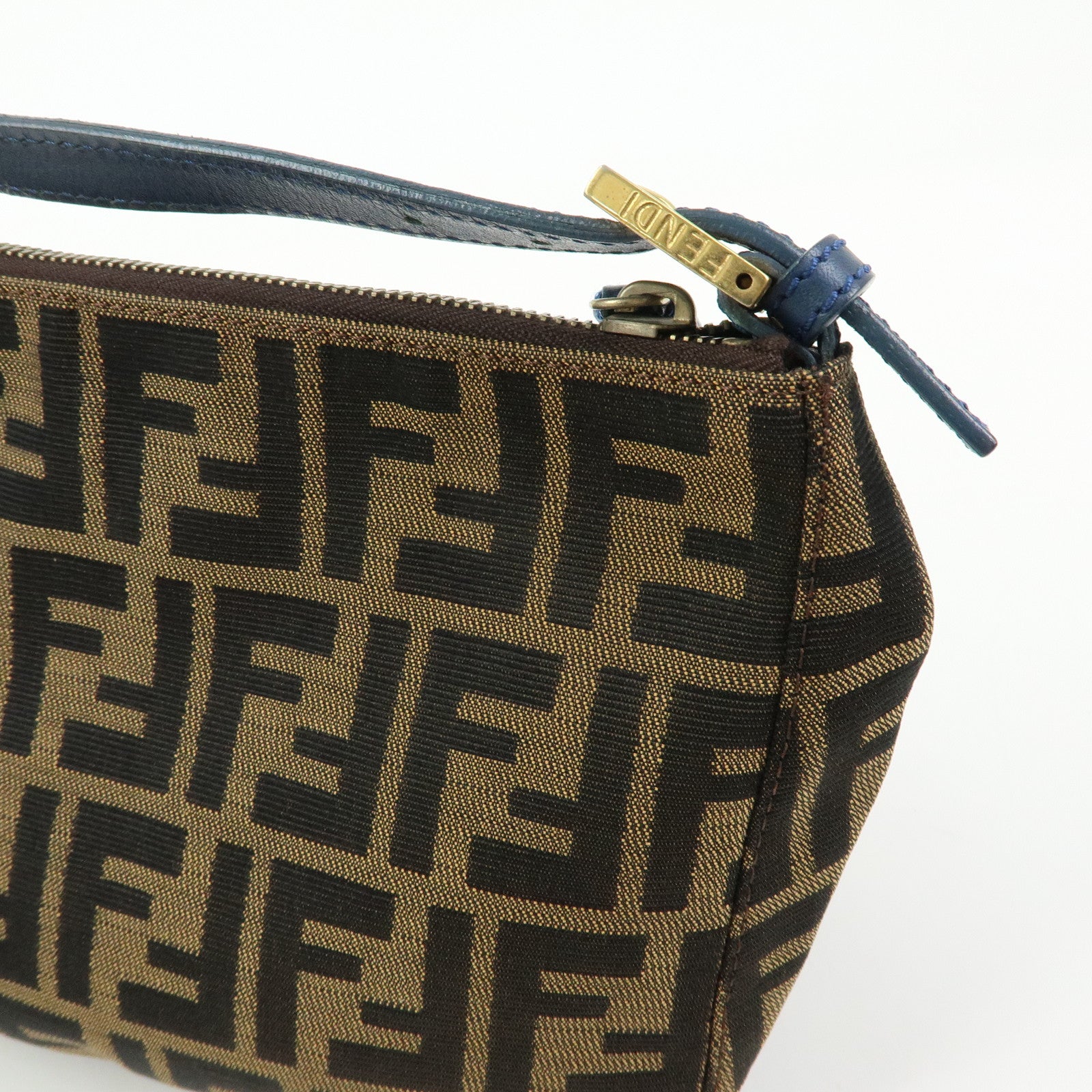 FENDI Zucca Canvas Leather Hand Bag Accessory Pouch Brown Blue 8N0005