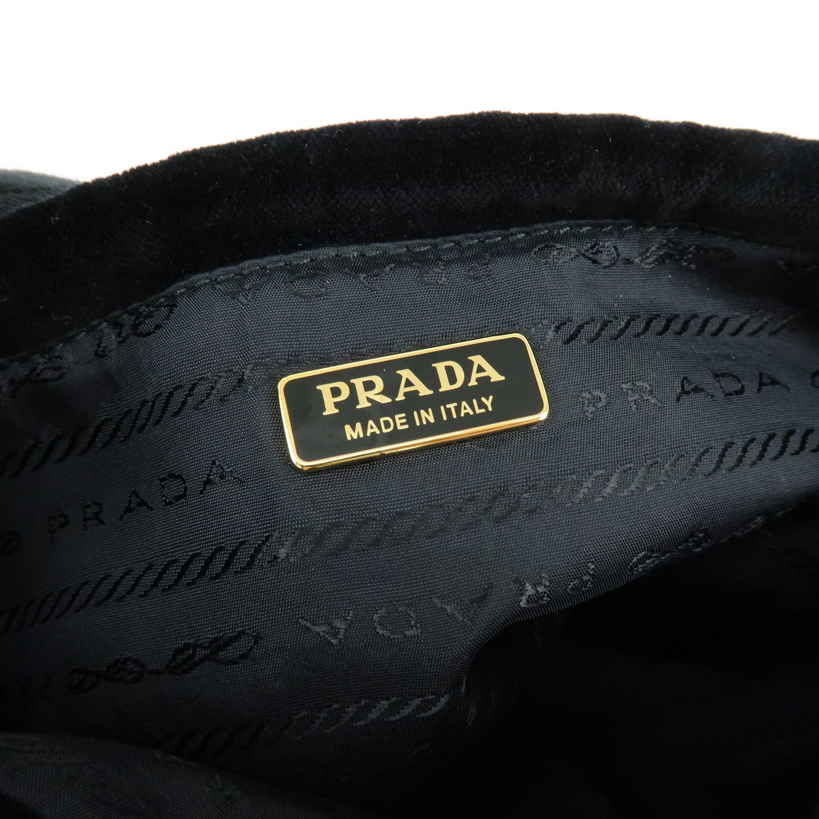 PRADA Logo Velvet Leather Drawstring Pouch Embroidery Black 1MU001