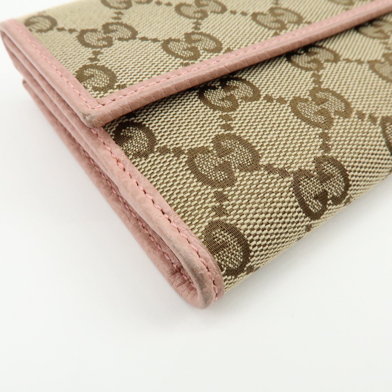 GUCCI GG Canvas Leather W Hook Bi-fold Long Wallet Beige Pink 231841