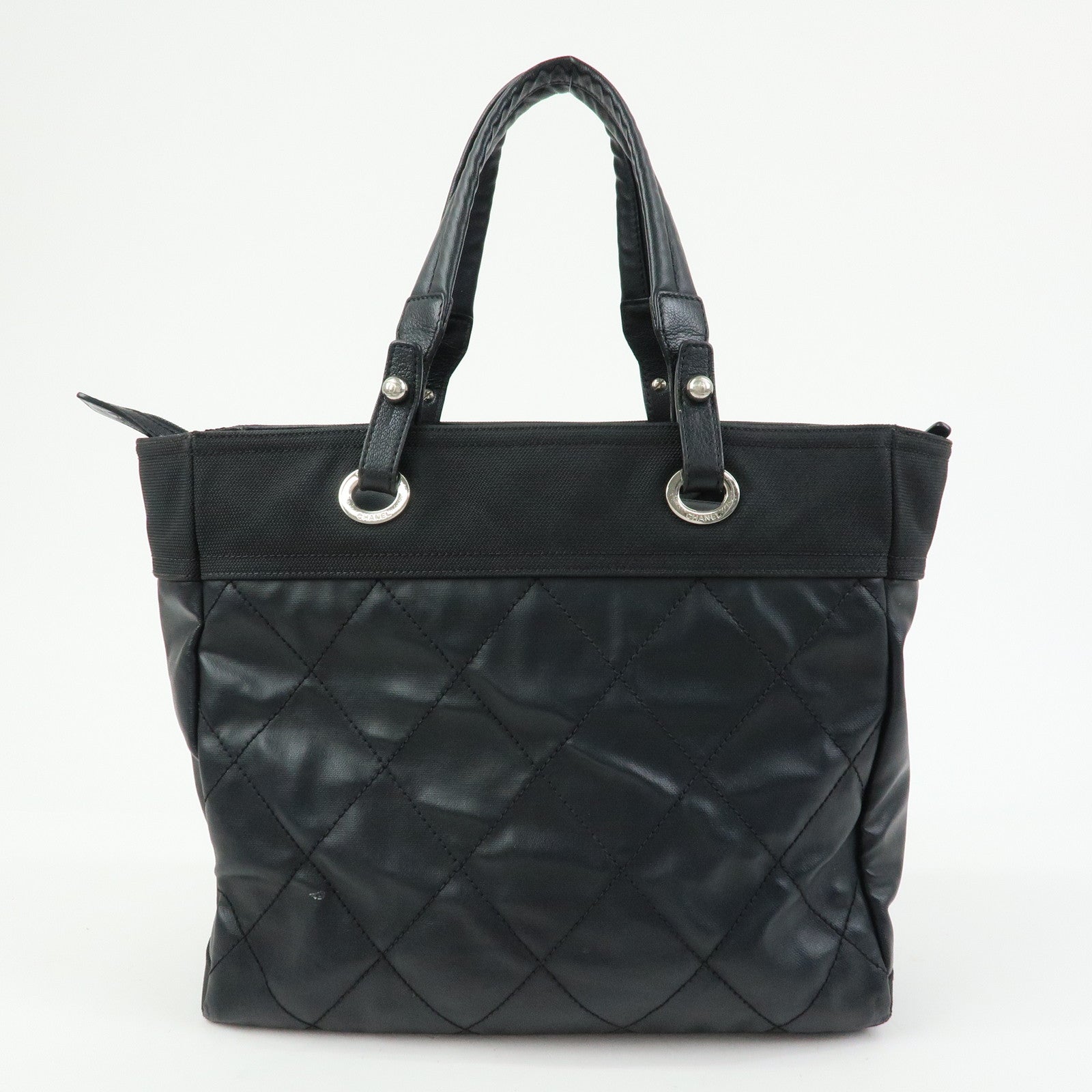 CHANEL PVC Leather Paris Biarritz Tote Bag Hand Bag MM Black A34209