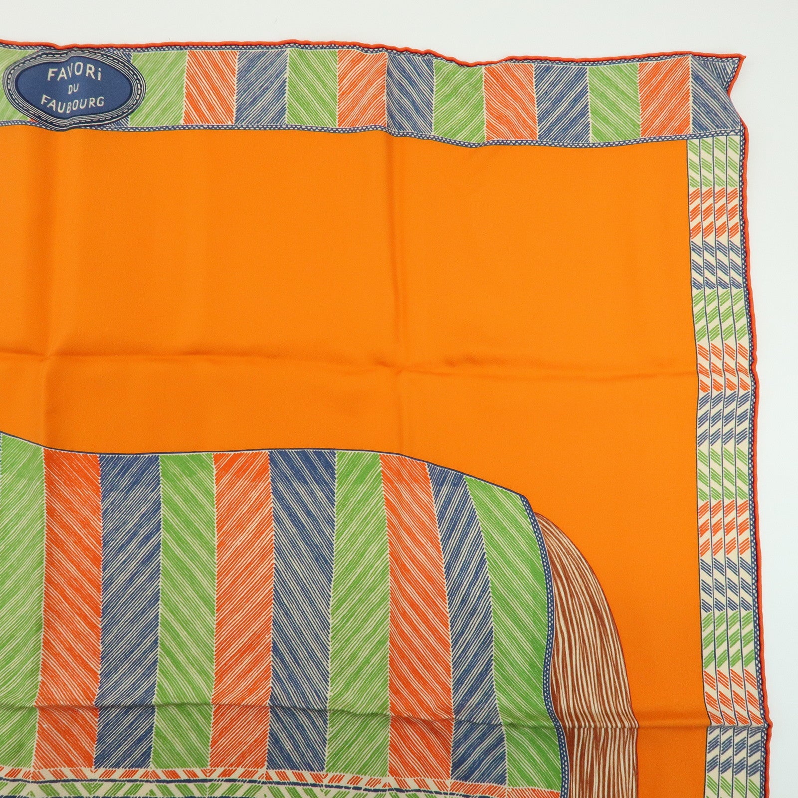 HERMES Carre 90 Silk 100% Scarf Favori du Faubourg Wash Orange Blue