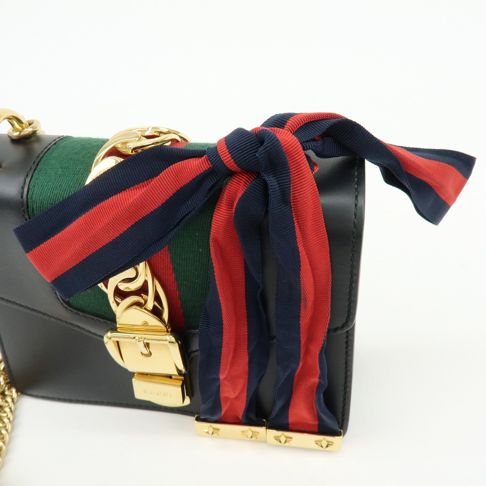GUCCI Sylvie Sherry Calf Leather Chain Shoulder Bag Black 431666