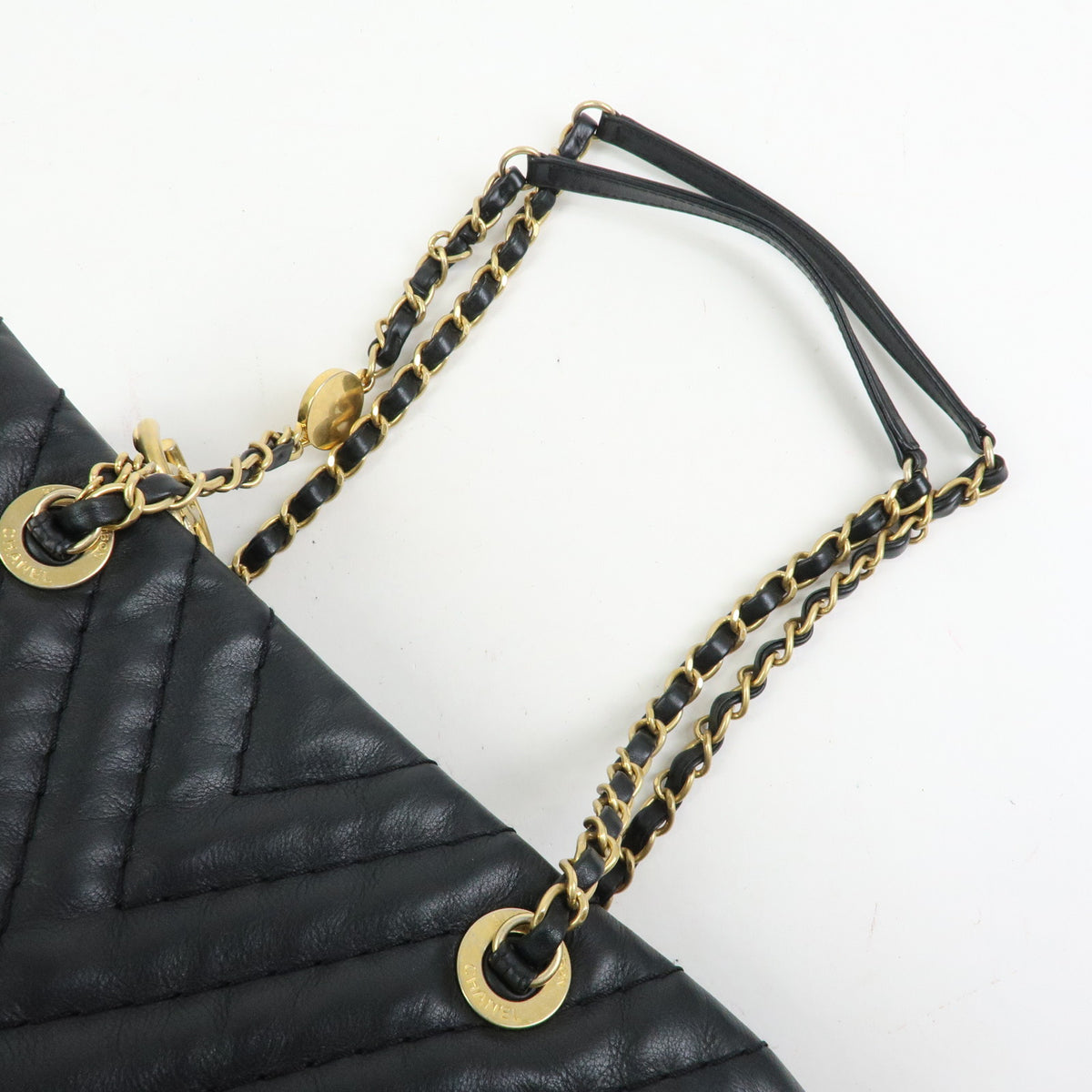 CHANEL Calf Skin V Stich Shevron Chain Shoulder Bag Tote Bag Black