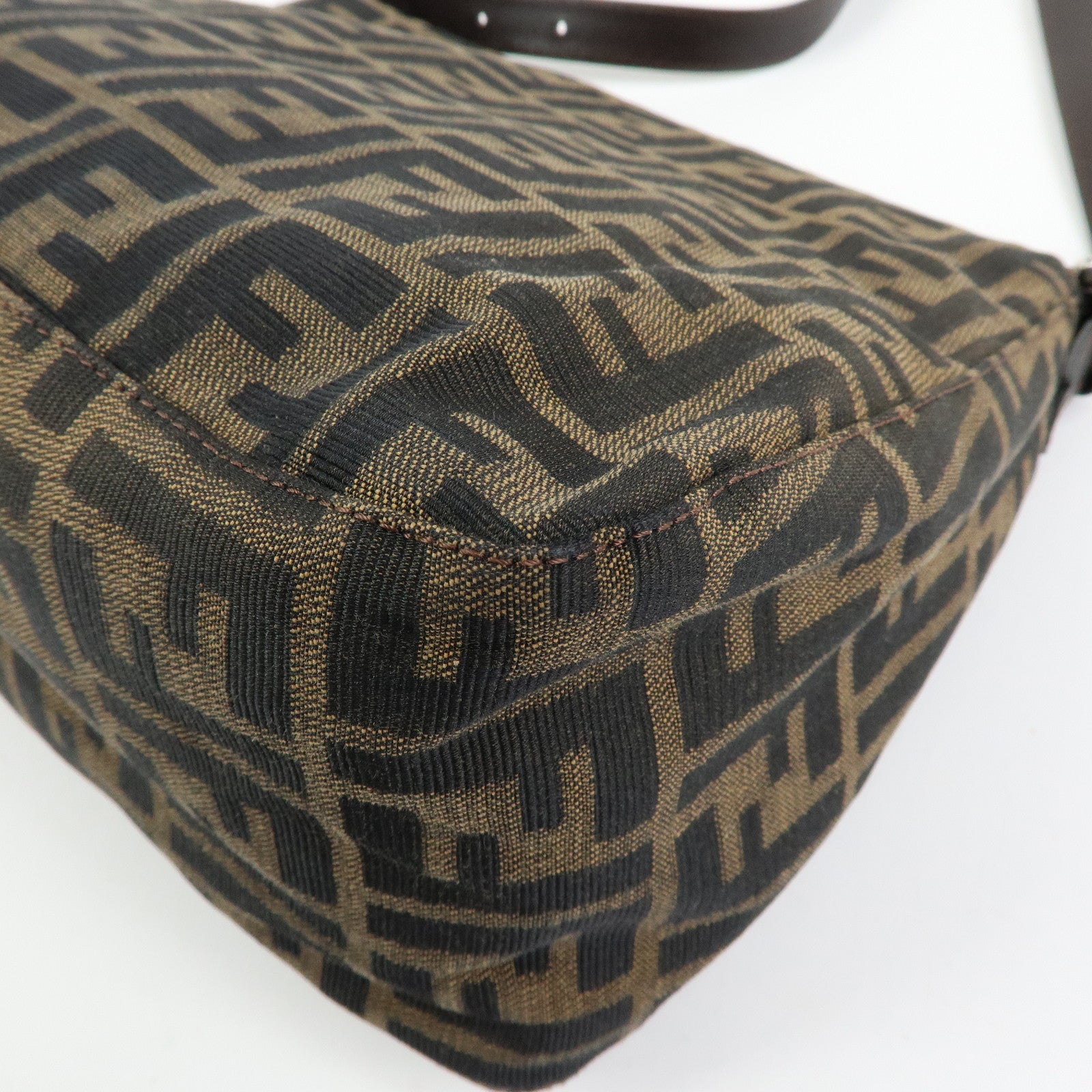 FENDI Mamma Baguette Zucca Canvas Leather Shoulder Bag Brown 26325