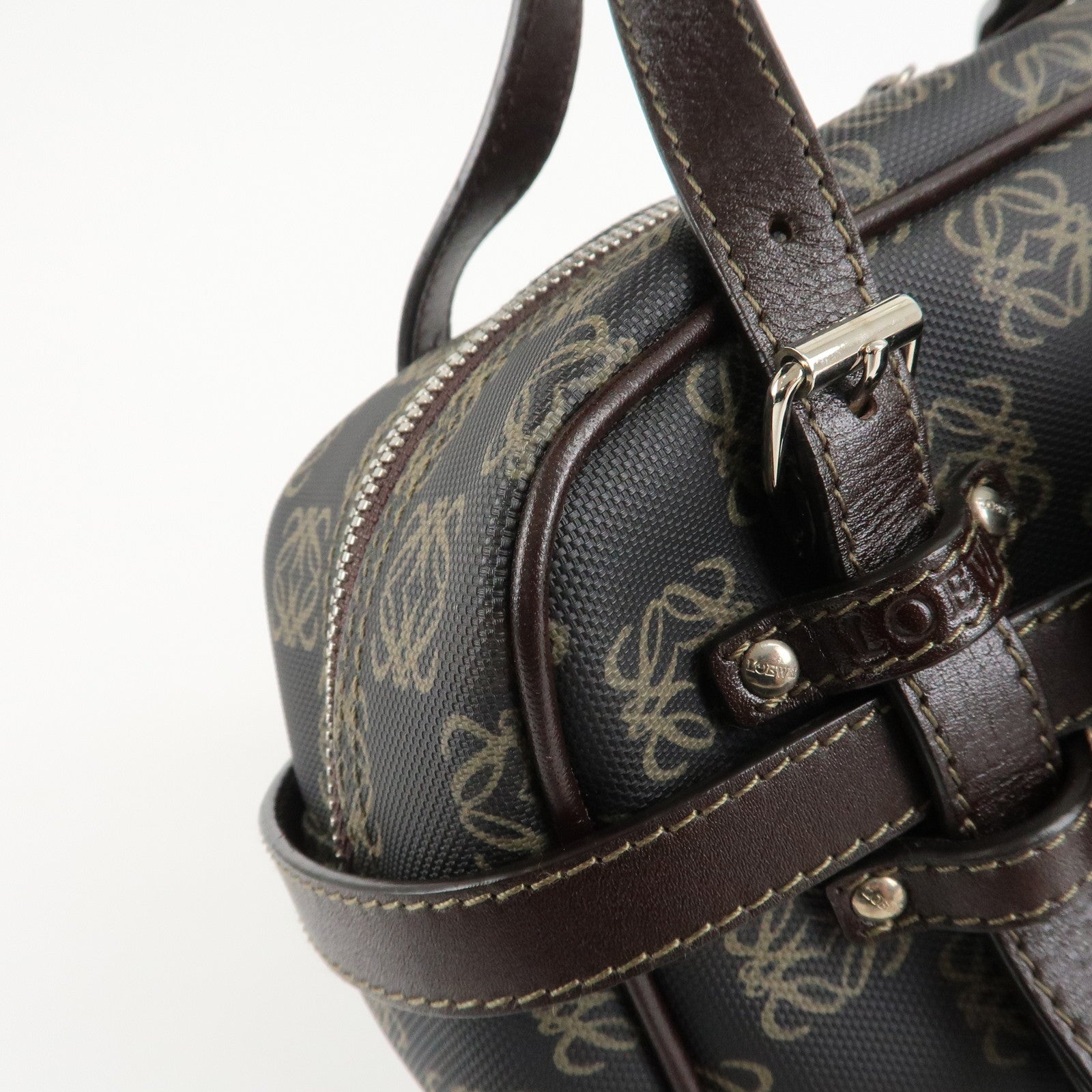 LOEWE Repeat Anagram PVC Leather 2Way Boston Bag Hand Bag Brown Used