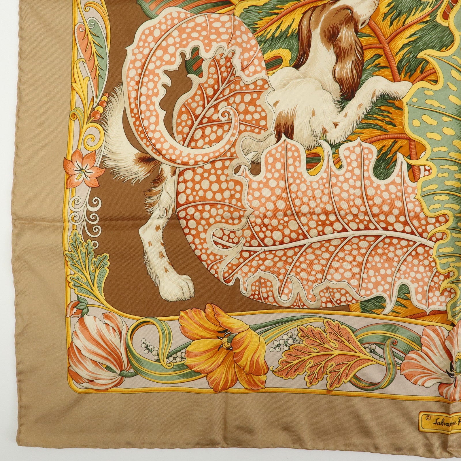 Ferragamo Silk 100% Scarf Animal Print Beige Orange Green Yellow