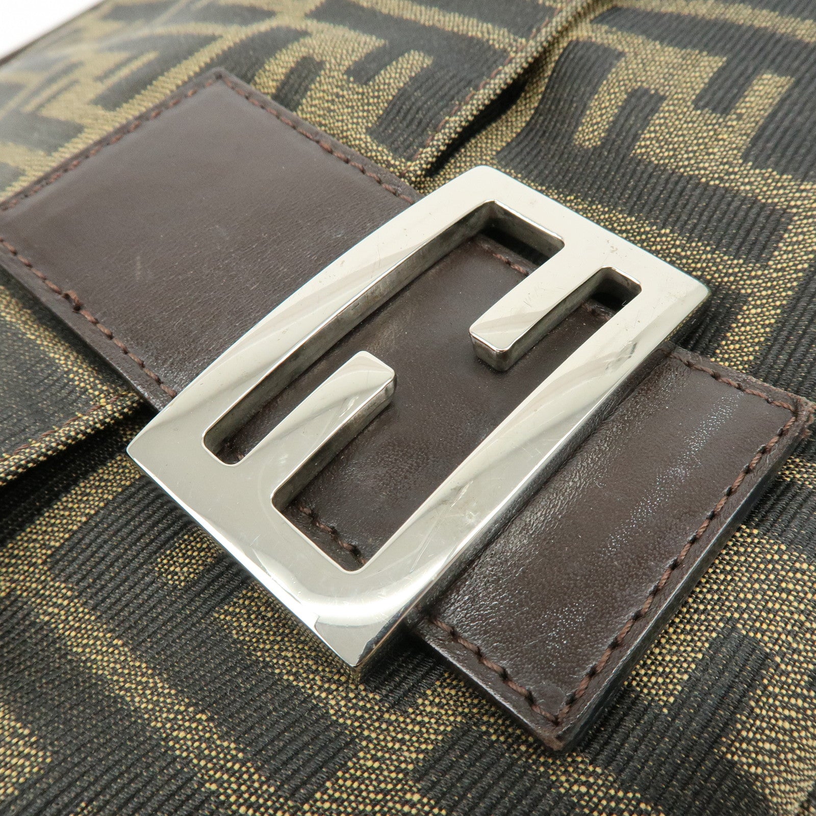 FENDI Mamma Baguette Jacquard Canvas Leather Shoulder Bag Brown 26325