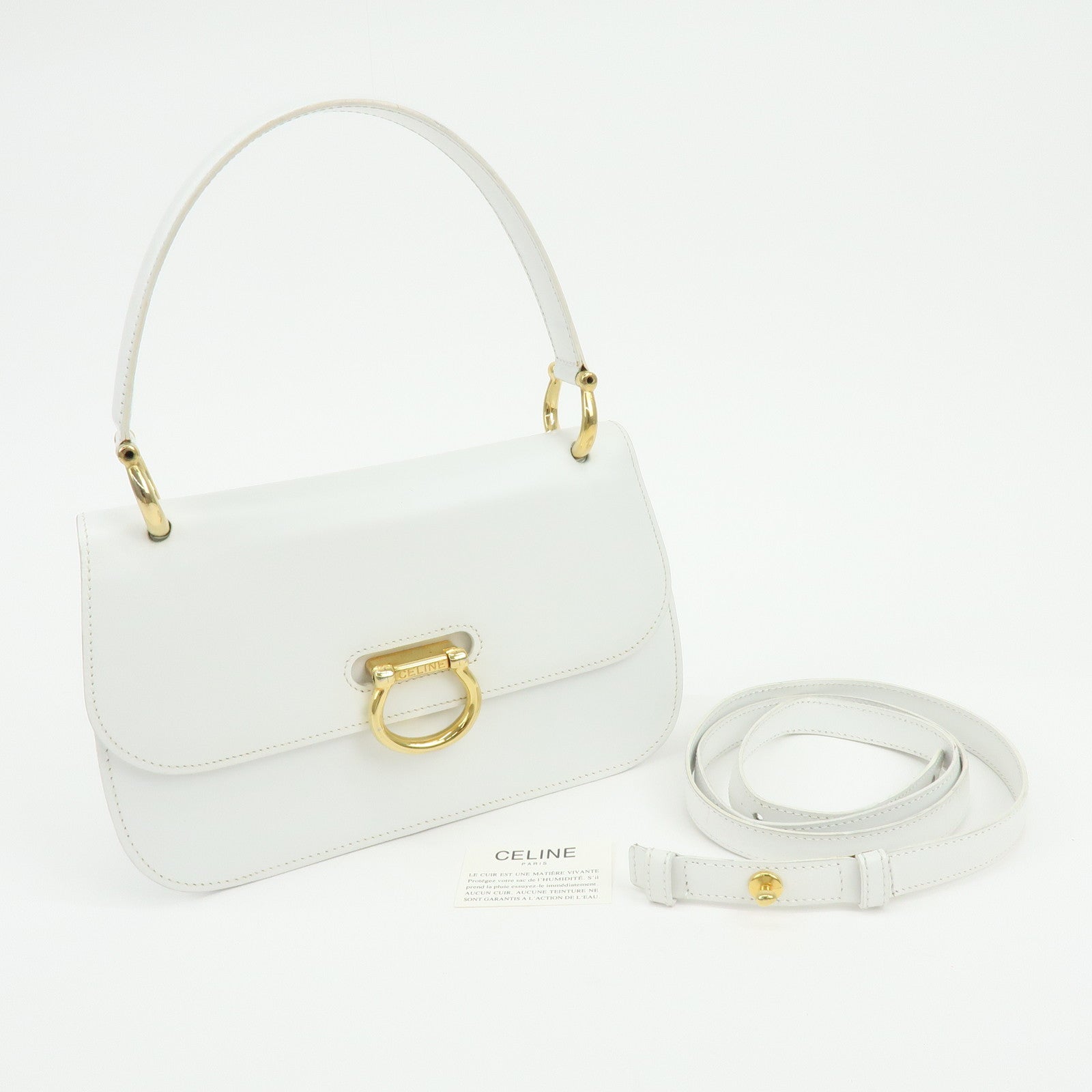CELINE Leather Top Handle 2Way Bag Hand Bag Shoulder Bag White