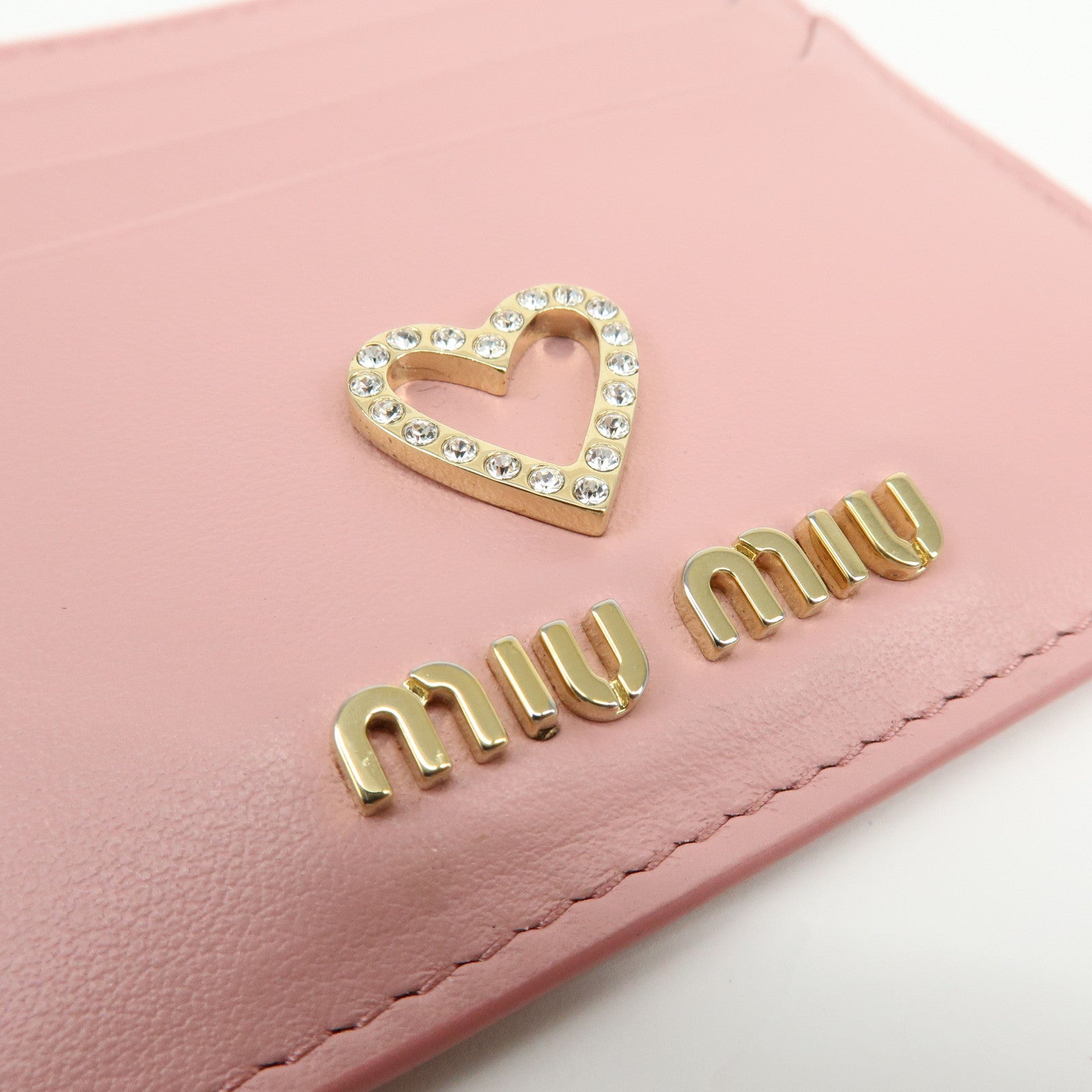 MIU MIU Leather Card Case Valentine Limited Heart Motif Rhinestone Pink