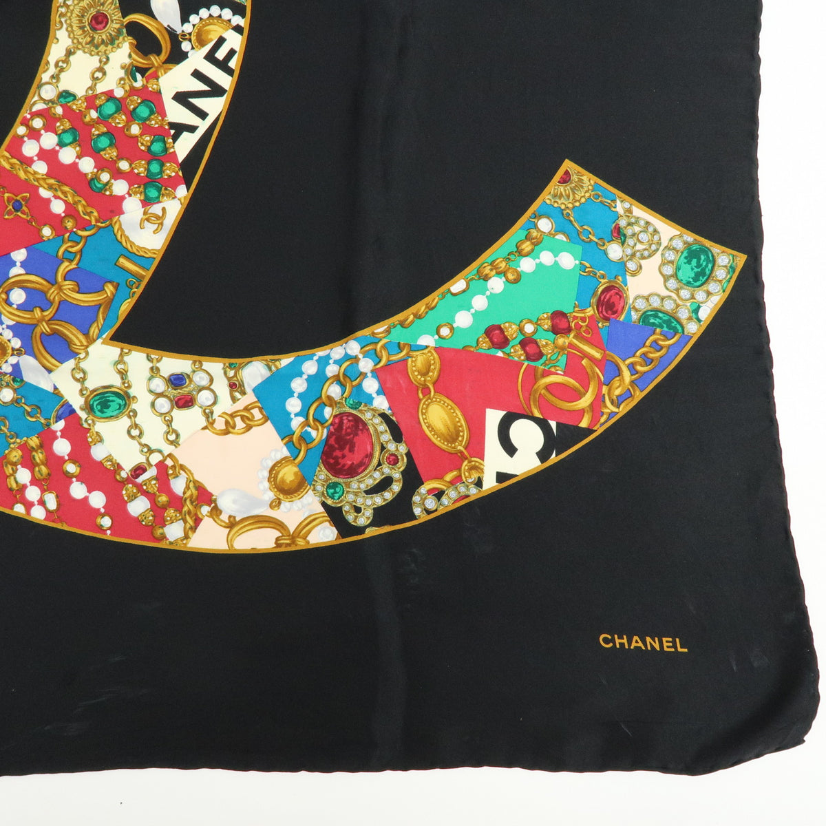 CHANEL Lot of 2 Silk 100% Scarf Flower Jewelry Motif Black Gold