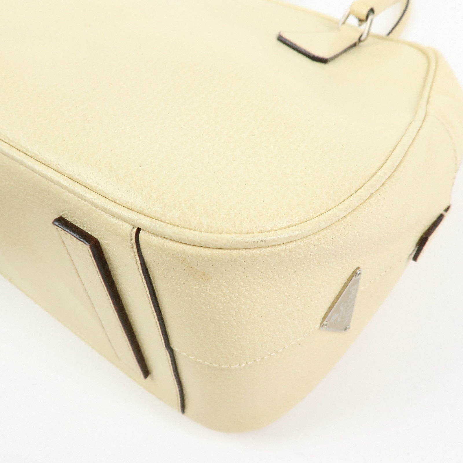 Prada Triangle Logo Leather Hand Bag Dome Bag Beige B11209