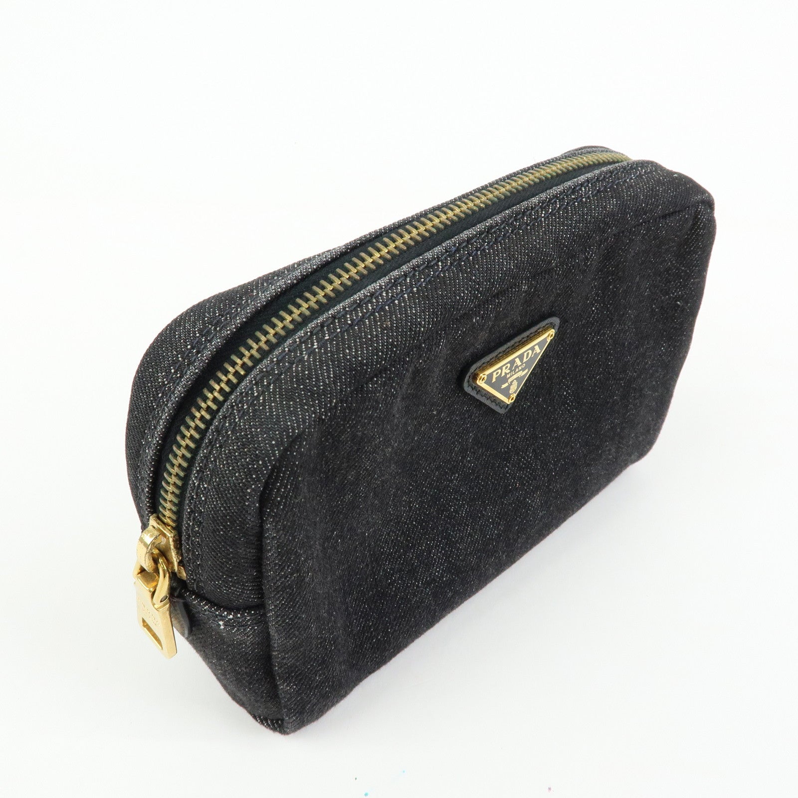 PRADA Triangle Logo Denim Cosmetic Pouch Black Gold
