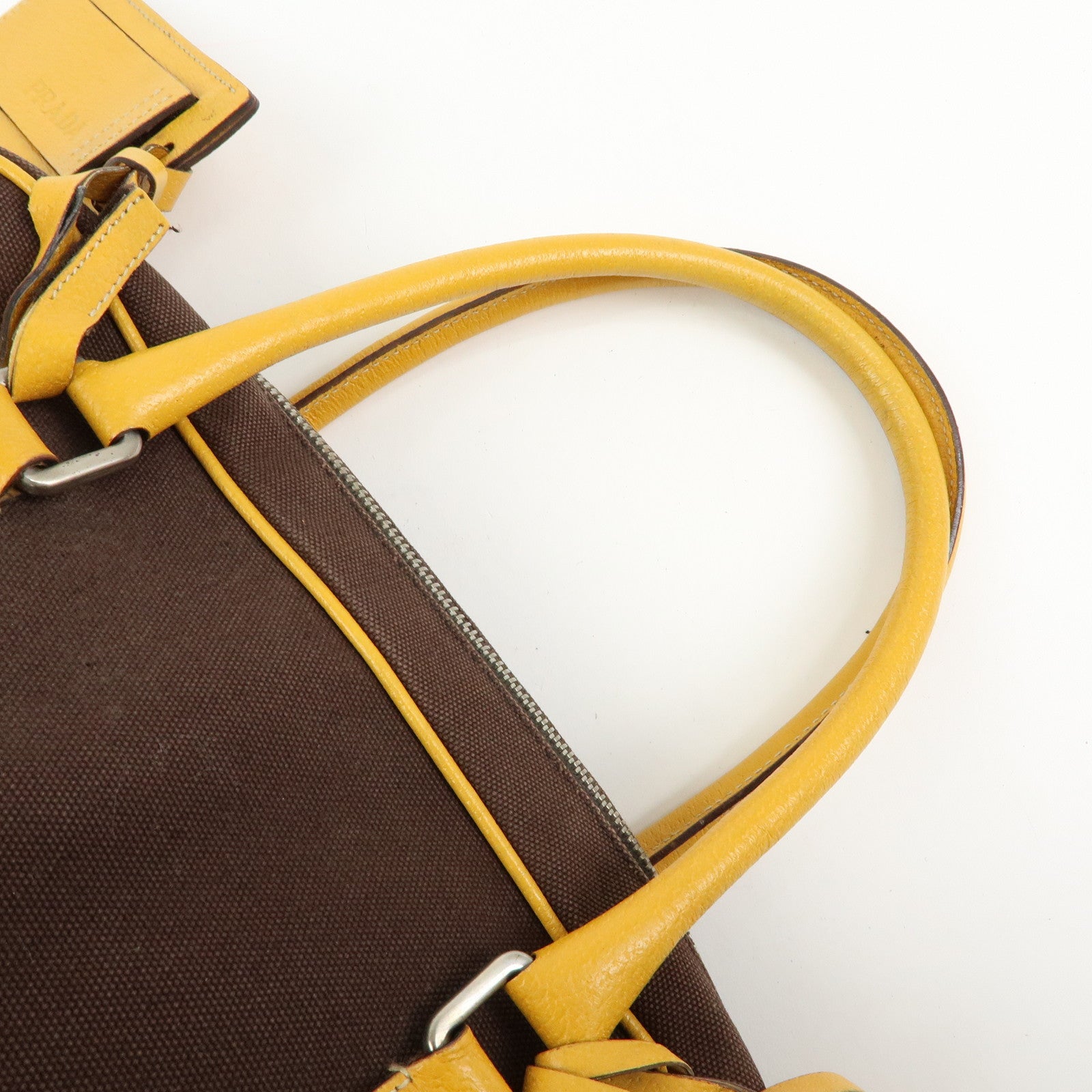 PRADA Triangle Logo Canvas Leather Boston Bag Brown Yellow B10813