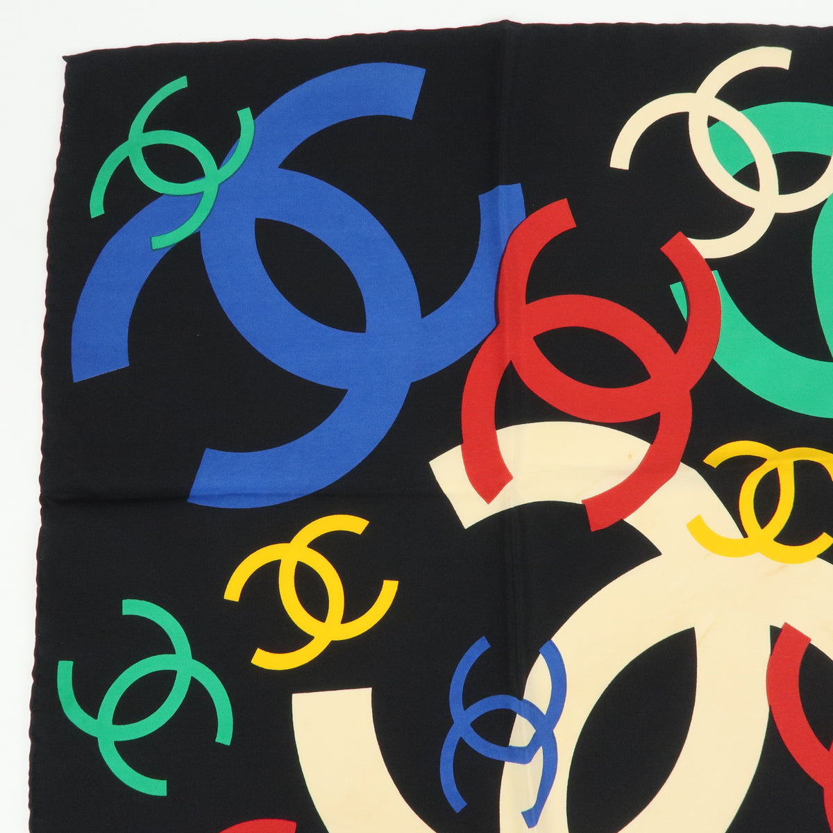 CHANEL COCO Mark Silk 100% Scarf Shawl Black Multicolor