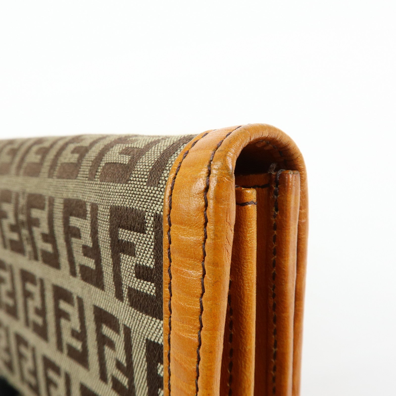 FENDI Zucchino Jacquard Canvas Leather Bi-fold Long Wallet Beige 8M0000