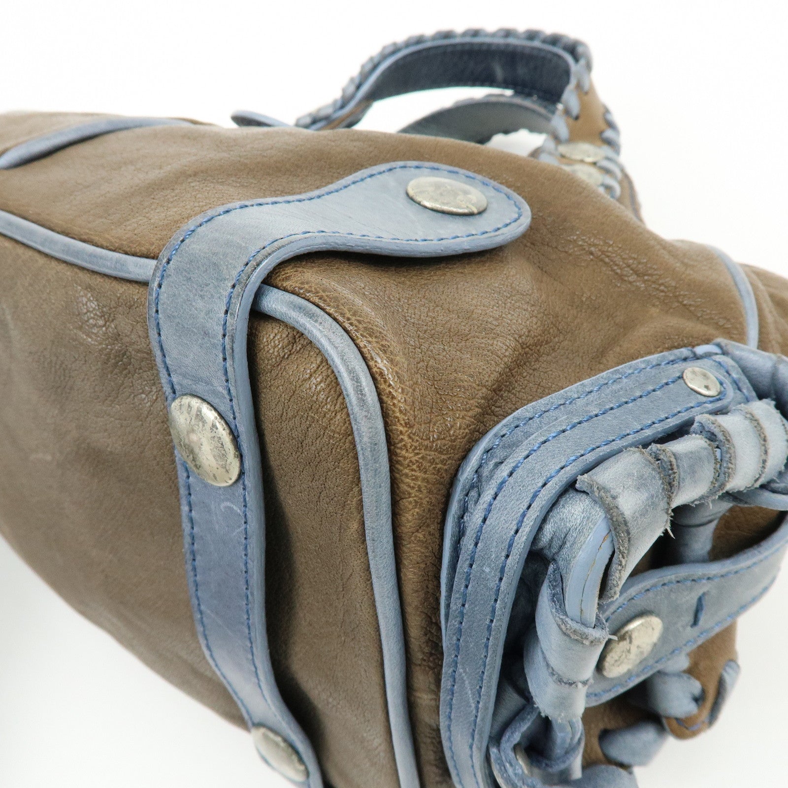 Chloe Silverado Leather Hand Bag Tote Bag Blaided Studs Brown Blue