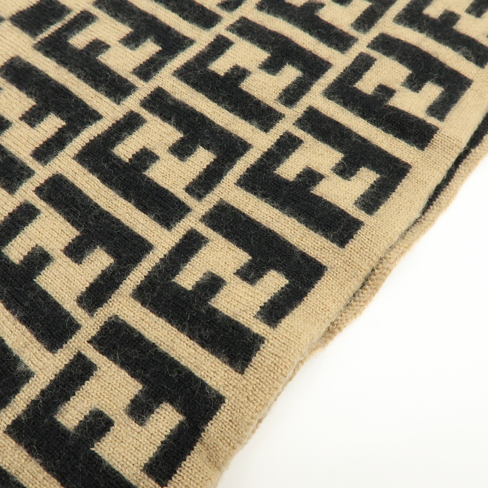 FENDI Zucca FF Logo Wool 100% Scarf Stole Stripe Beige Black