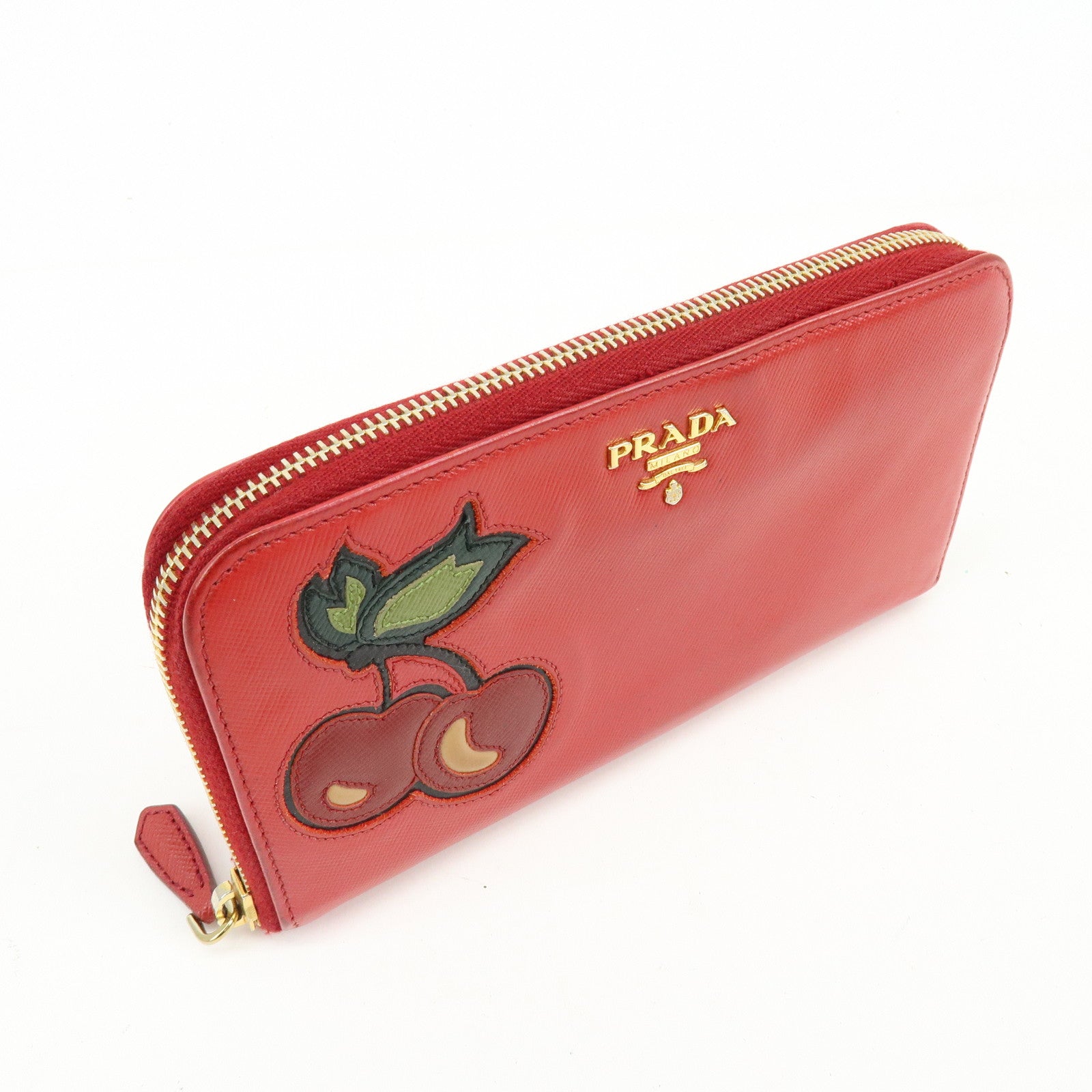 PRADA Saffiano Leather Cherry Round Zippy Long Wallet Red