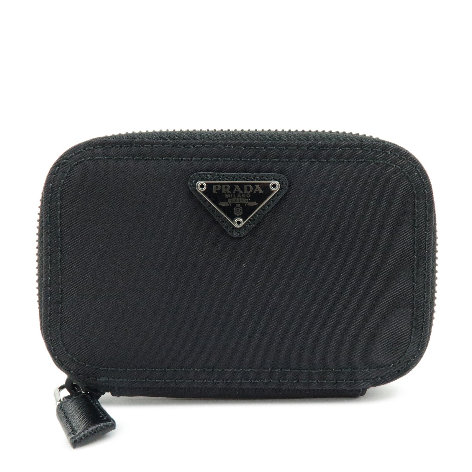 PRADA Triangle Logo Nylon Saffiano Leather Zippy Key Case Black 2PG003
