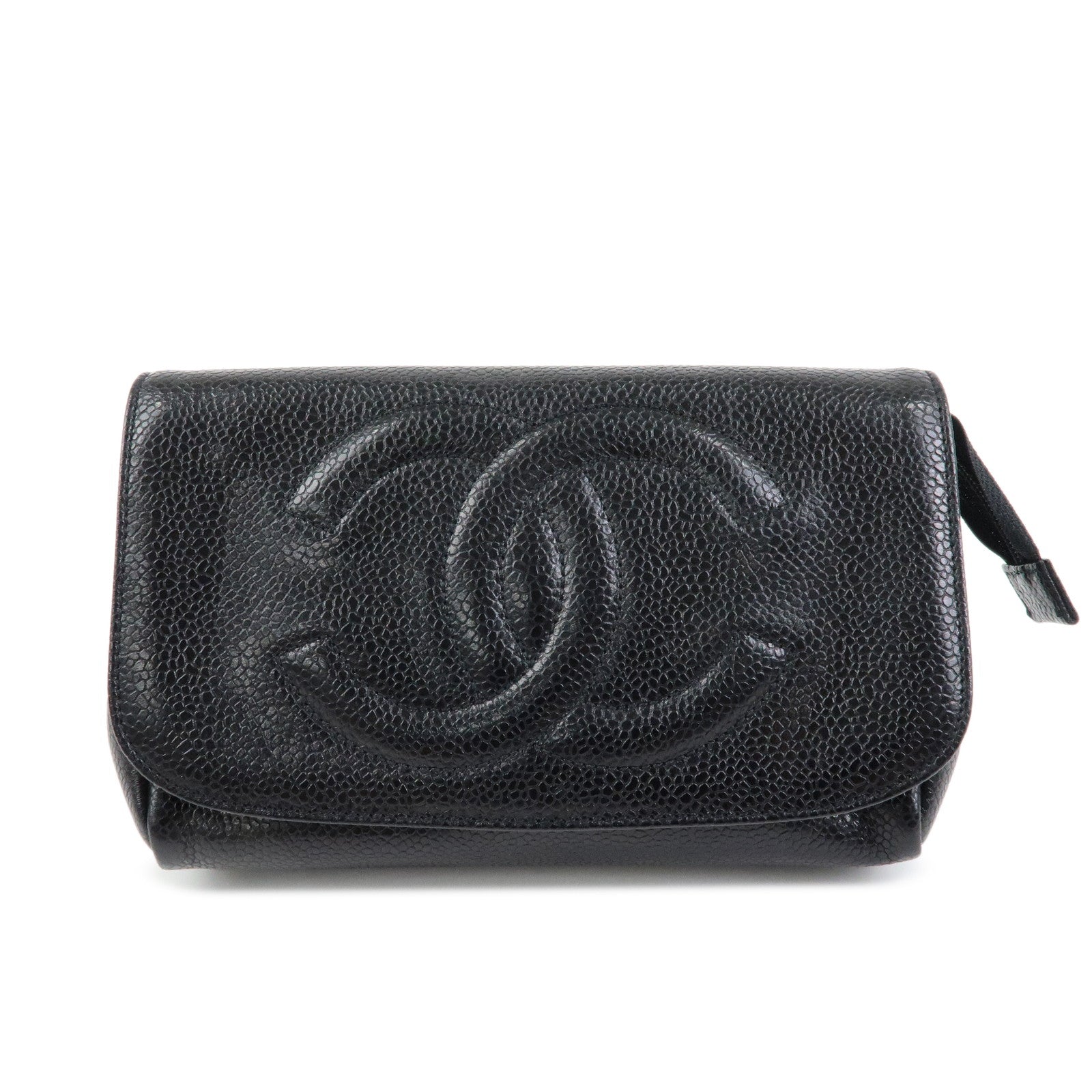 CHANEL COCO Mark Caviarskin Leather Pouch Cosmetic Pouch Black