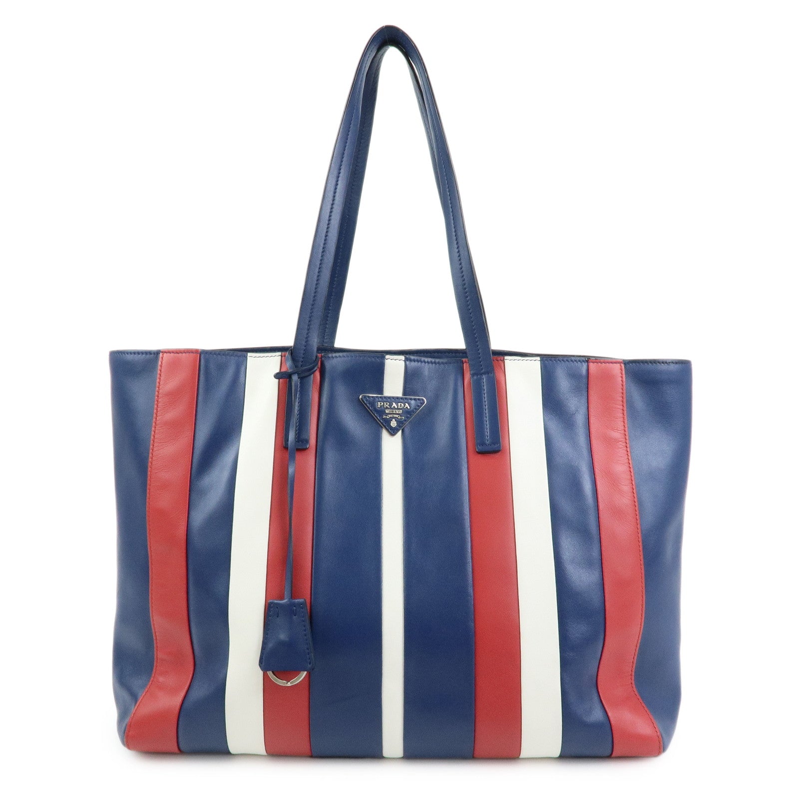 PRADA Triangle Logo Leather Tote Bag Shoulder Bag Blue White Red