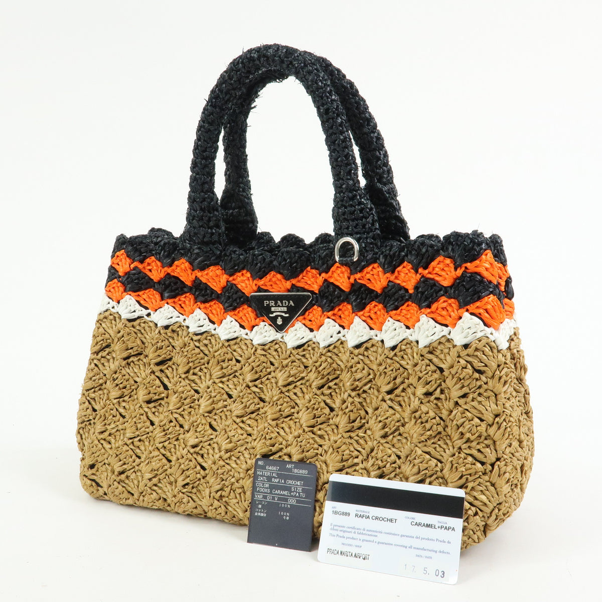 PRADA Triangle Logo Raffia 2Way Bag Tote Bag Beige Orange Black 1BG889