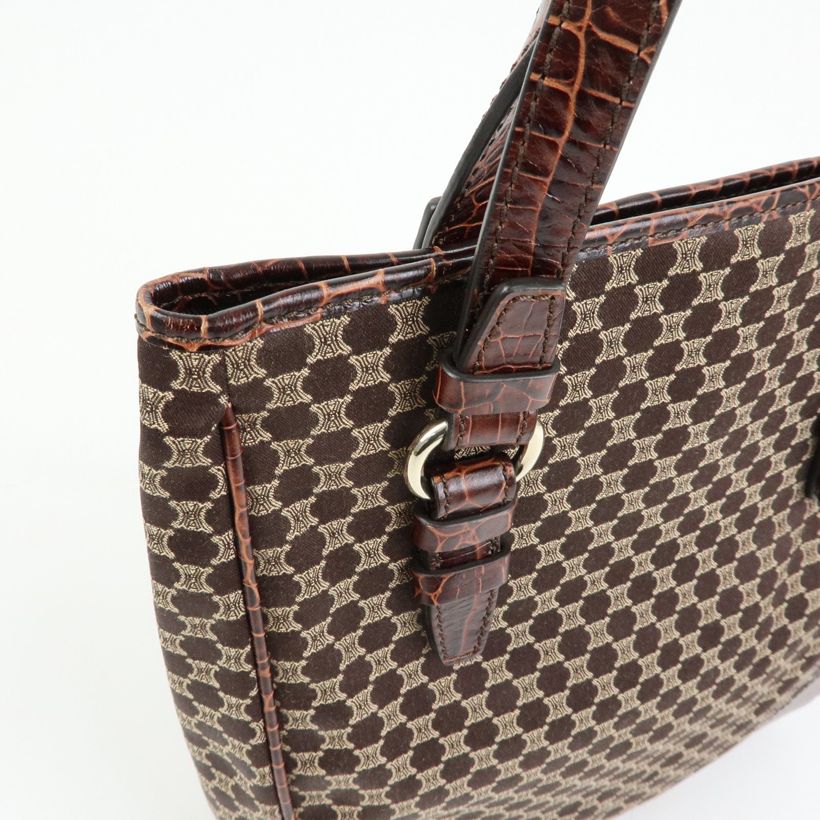 CELINE Macadam Embossed Leather Canvas Tote Bag Hand Bag Brown