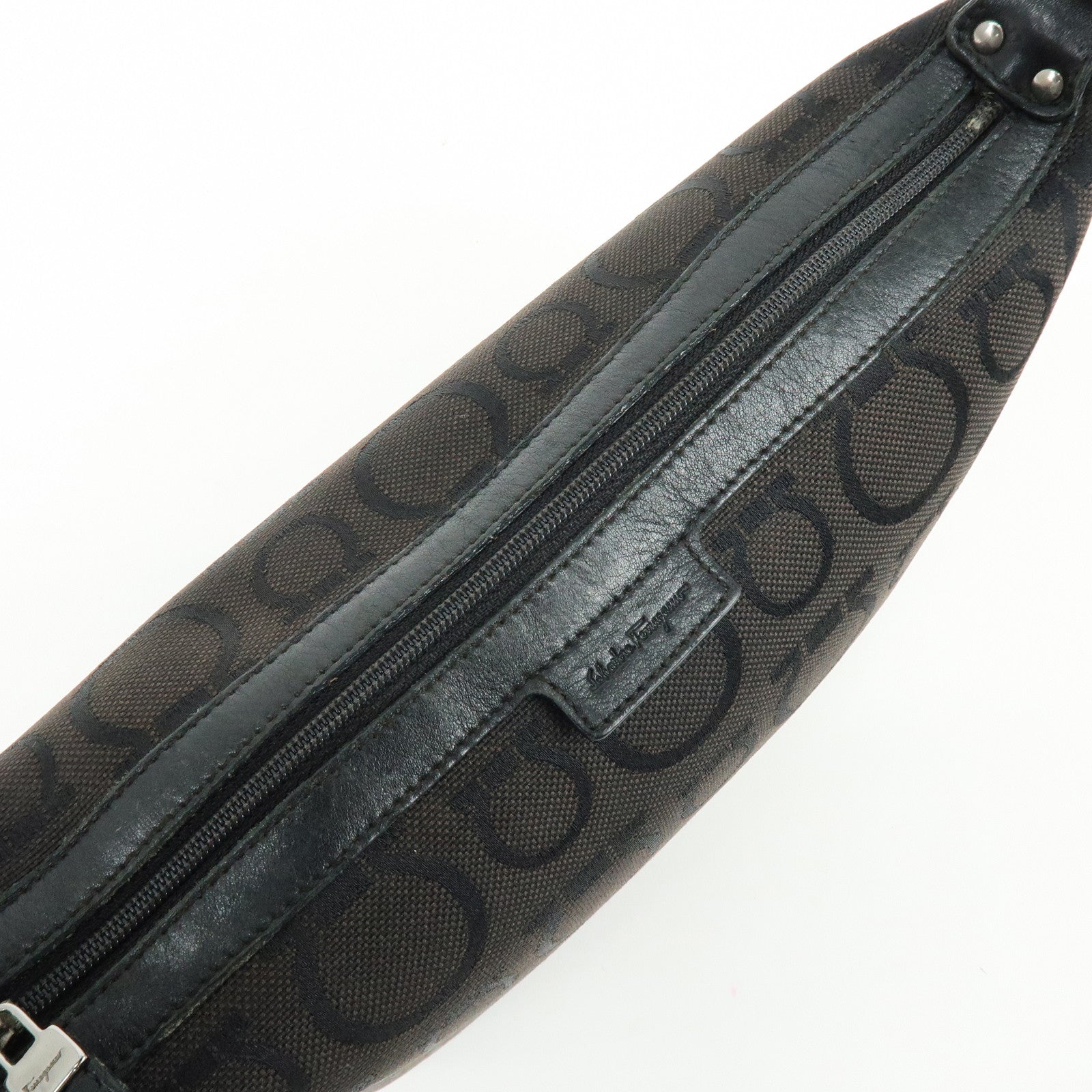 Ferragamo Gancini Canvas Leather Hand Bag Accessory Pouch Black