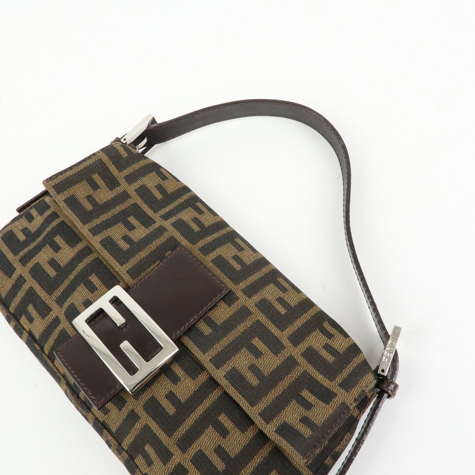 FENDI Mamma Baguette Zucca Canvas Leather Shoulder Bag Brown 26424