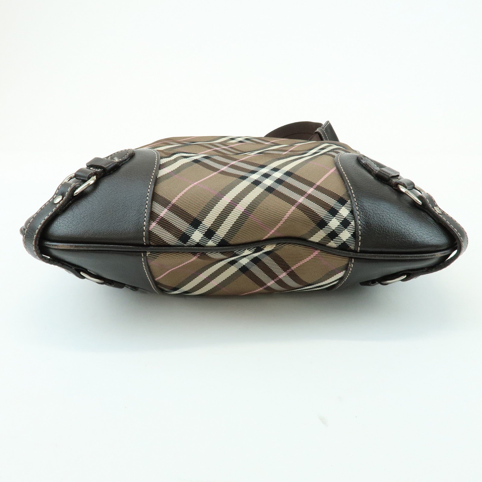 BURBERRY Nova Plaid Blue Label Canvas Leather Shoulder Bag Brown