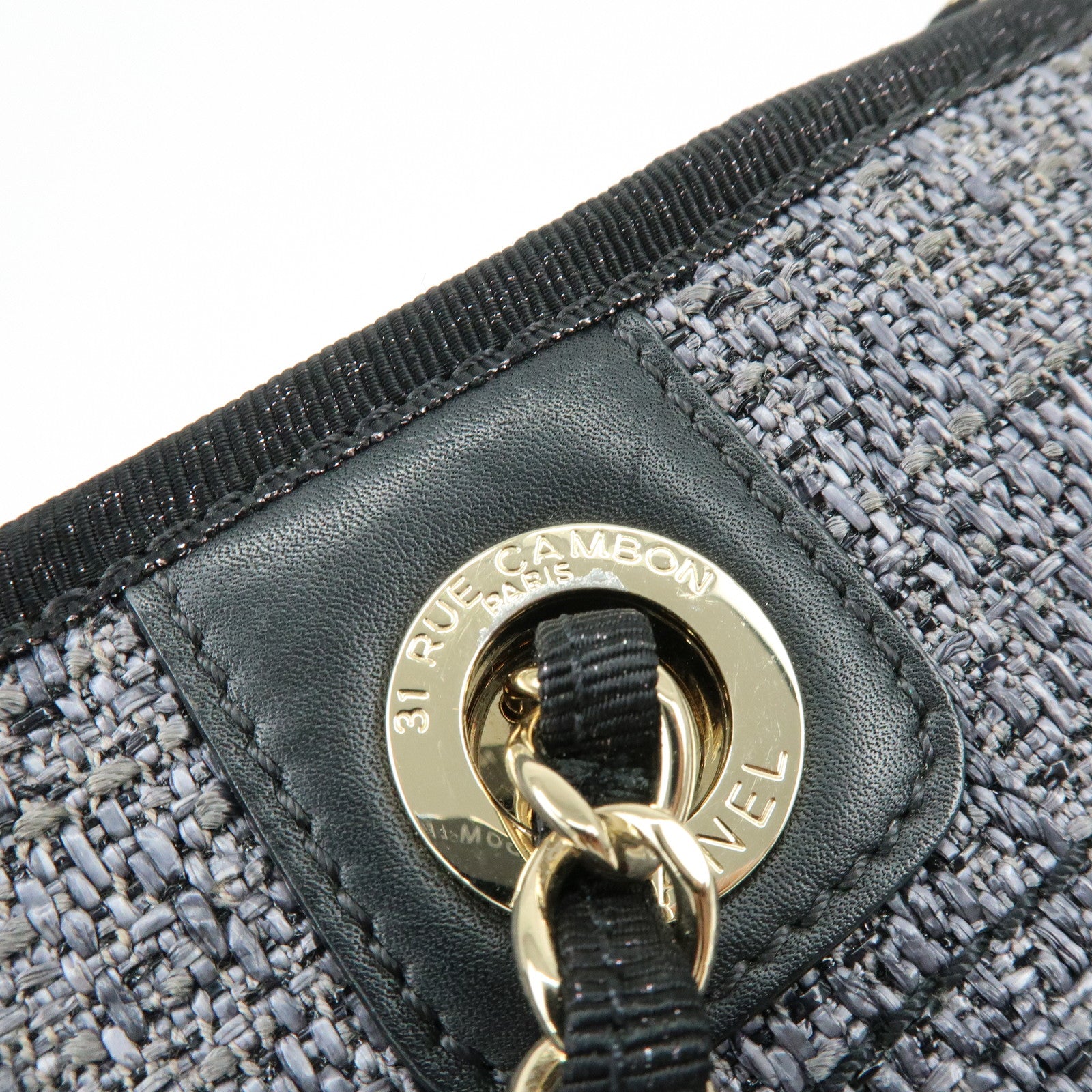 CHANEL Deauville PM Raffia Calf Leather Chain Tote Bag Black A66939