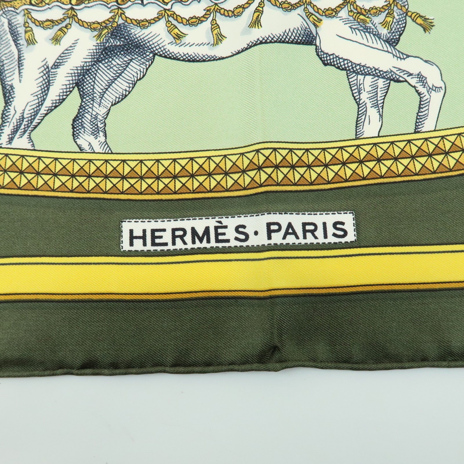 HERMES Carre 90 Silk 100% Scarf GRAND APPARAT Khaki Gold Green