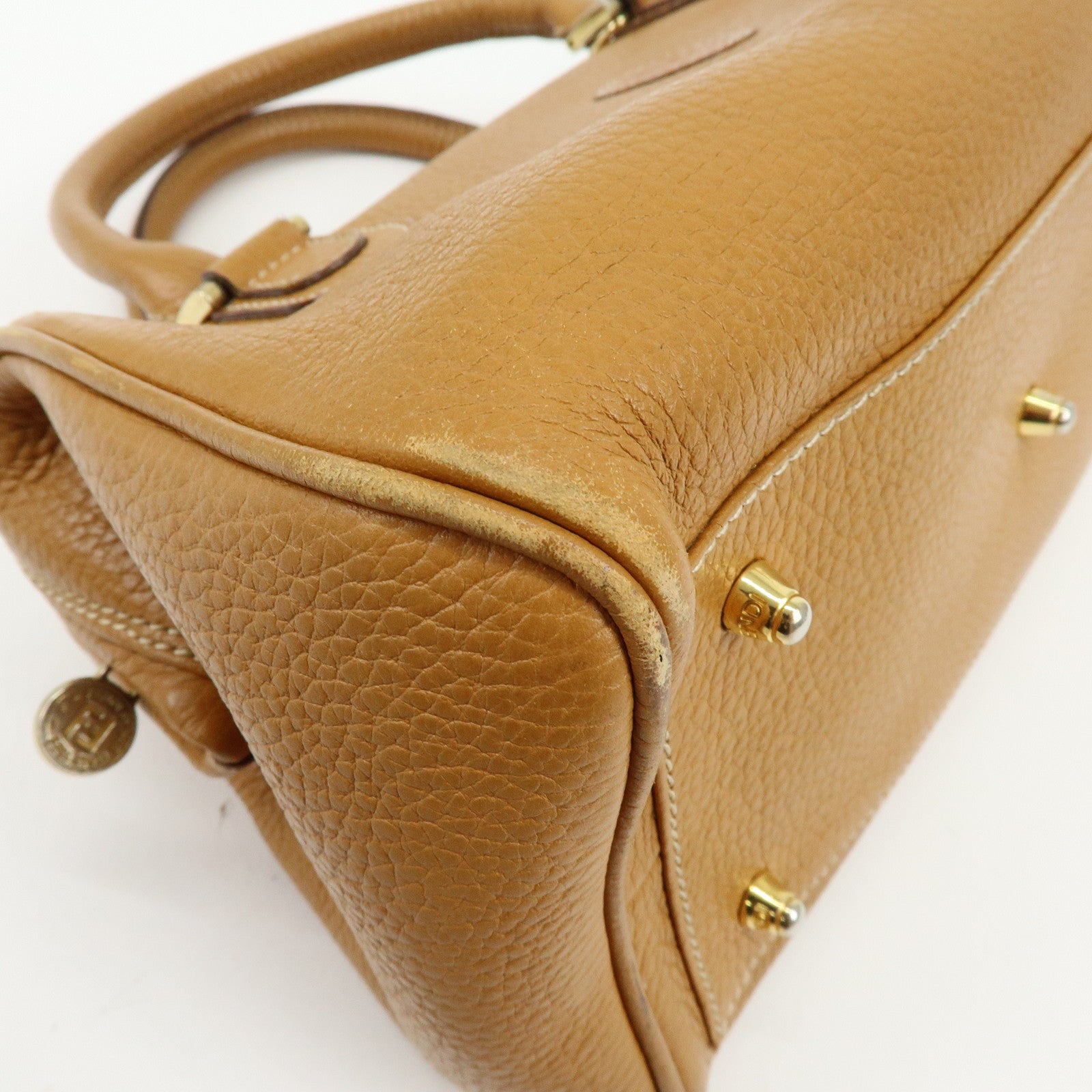 FENDI FF Logo Leather 2Way Bag Hand Bag Boston Bag Camel