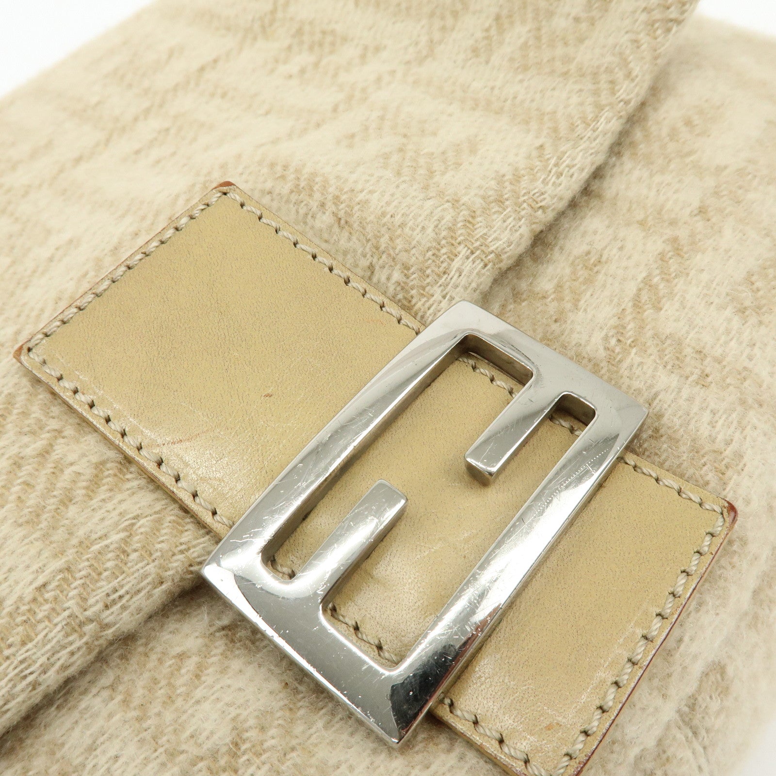 FENDI Mamma Baguette Zucca Wool Leather Shoulder Bag Beige 26325