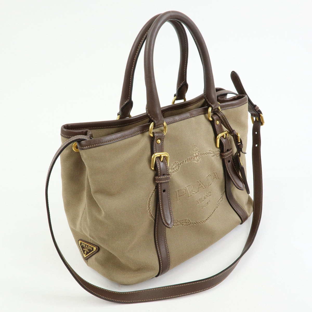 PRADA Triangle Logo Jacquard Canvas Leather 2Way Bag Hand Bag BN2832
