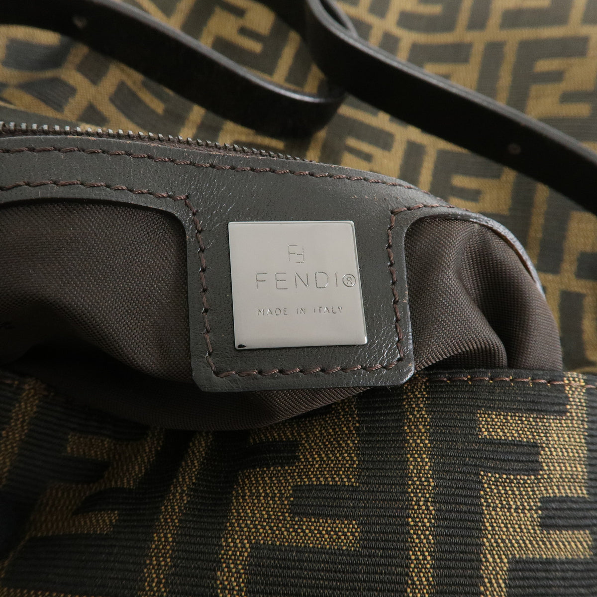 FENDI Mamma Baguette Zucca Canvas Leather Shoulder Bag Brown 8BR001